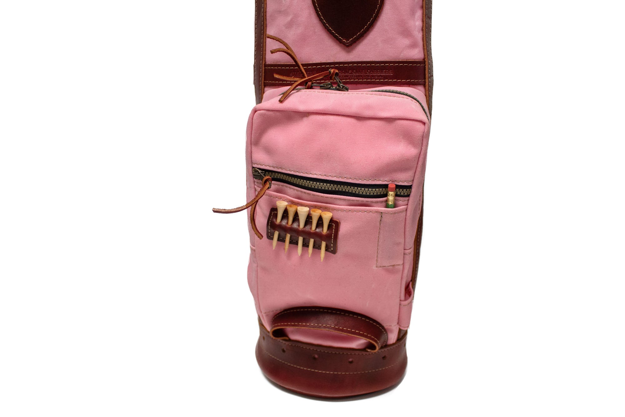 Light Pink and Burgundy Leather Sunday Style Golf Bag Ball Pocket- Steurer & Jacoby