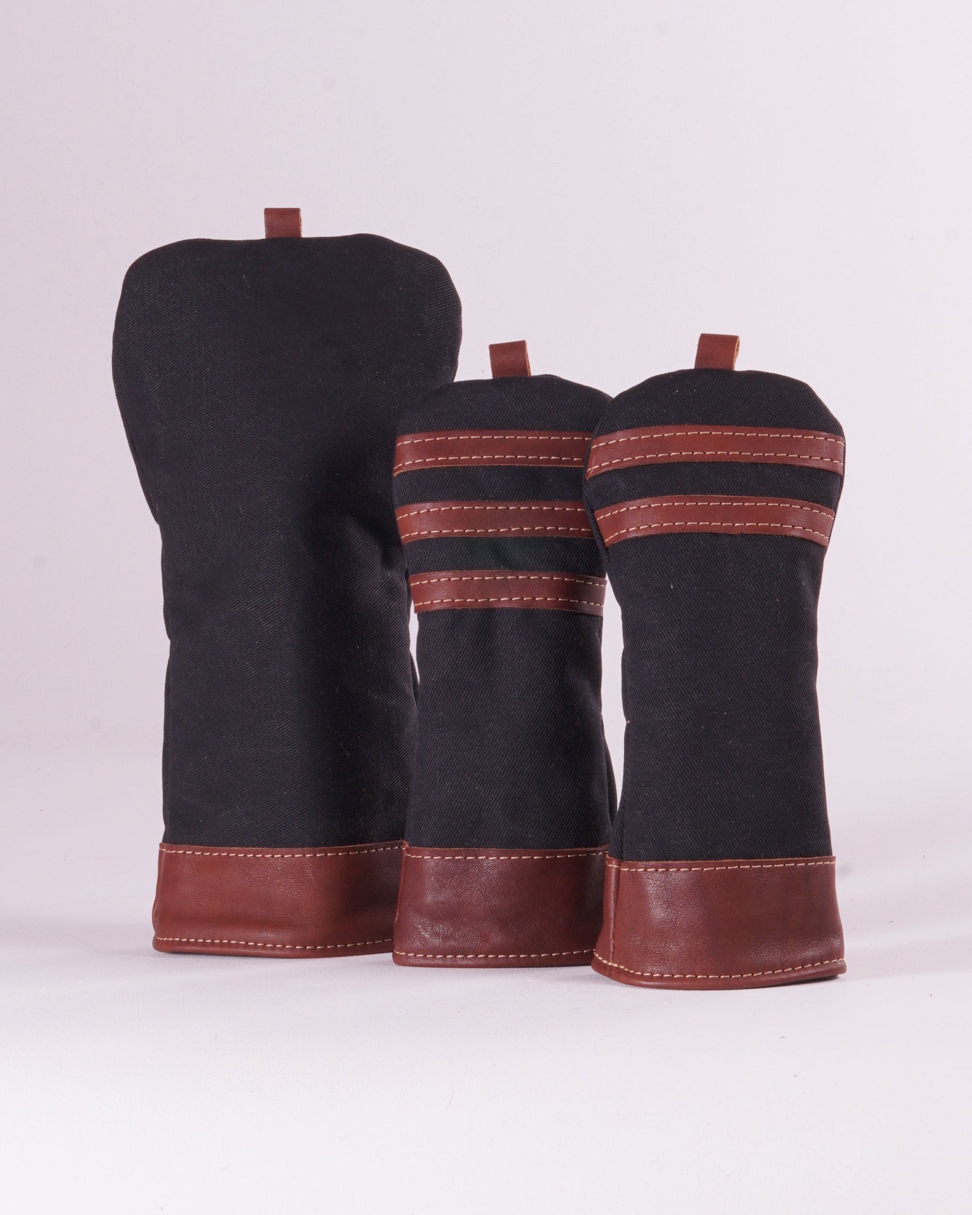 Head Cover Set - Black Waxed Canvas and Chestnut Leather Trim