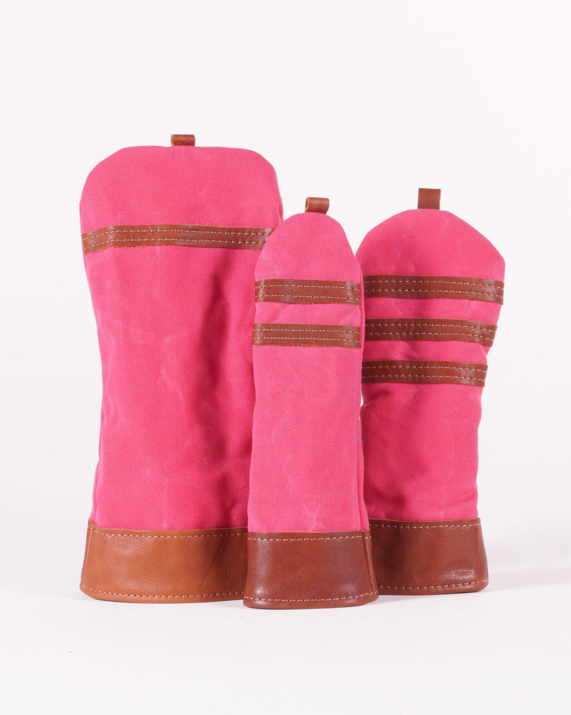 Head Cover Set - Hot Pink Waxed Canvas & Chestnut Leather trim