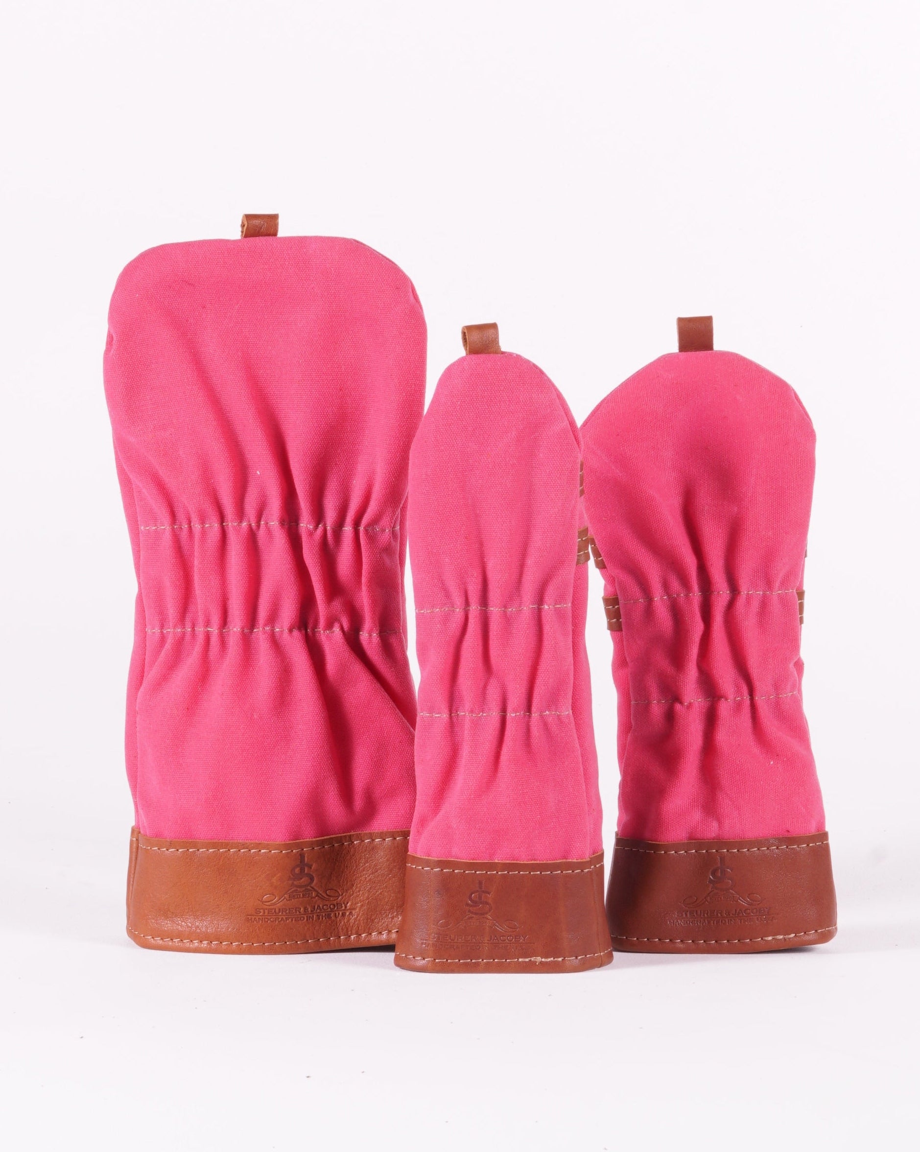 Head Cover Set - Hot Pink Waxed Canvas & Chestnut Leather trim