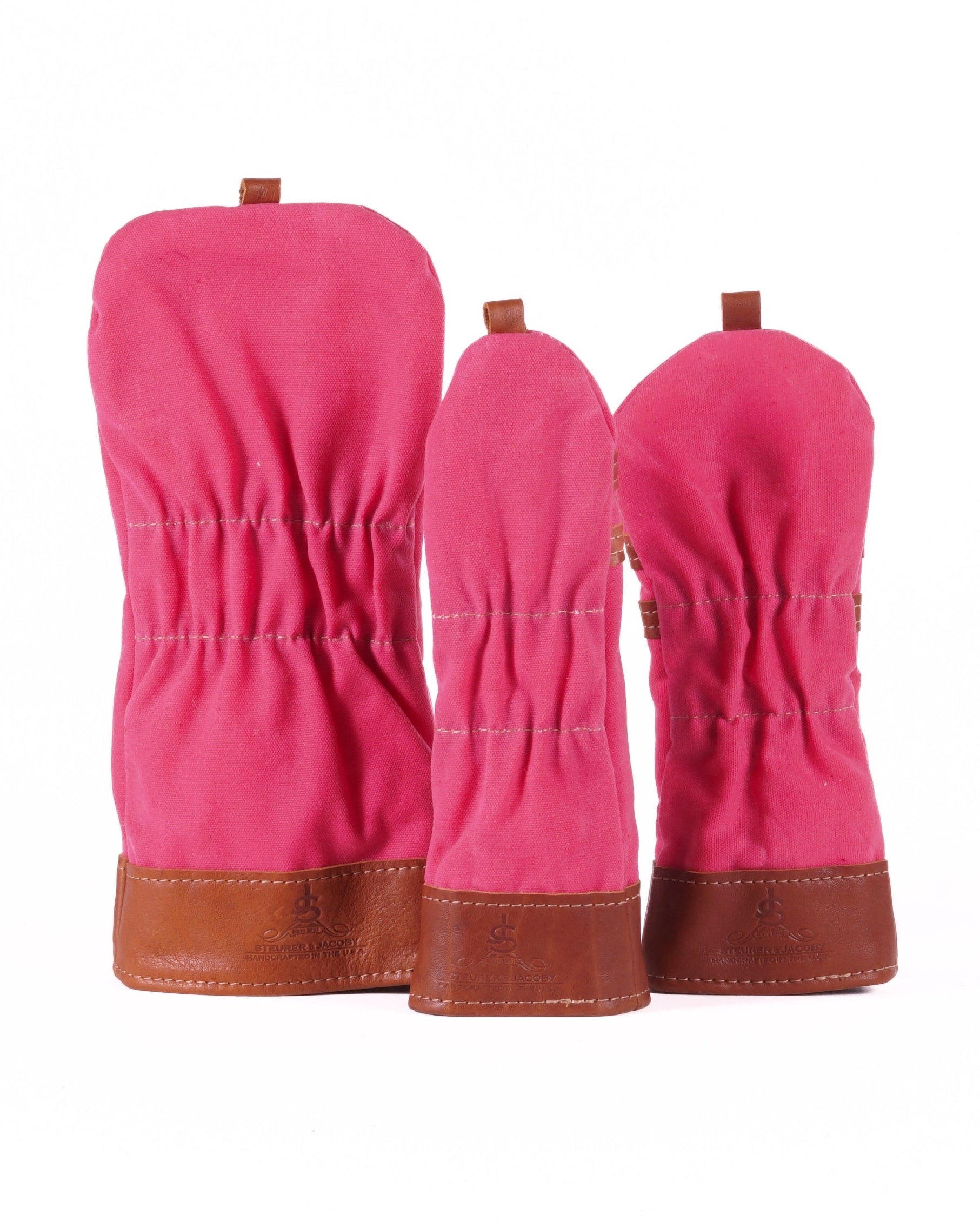 Head Cover Set - Hot Pink Waxed Canvas & Chestnut Leather trim
