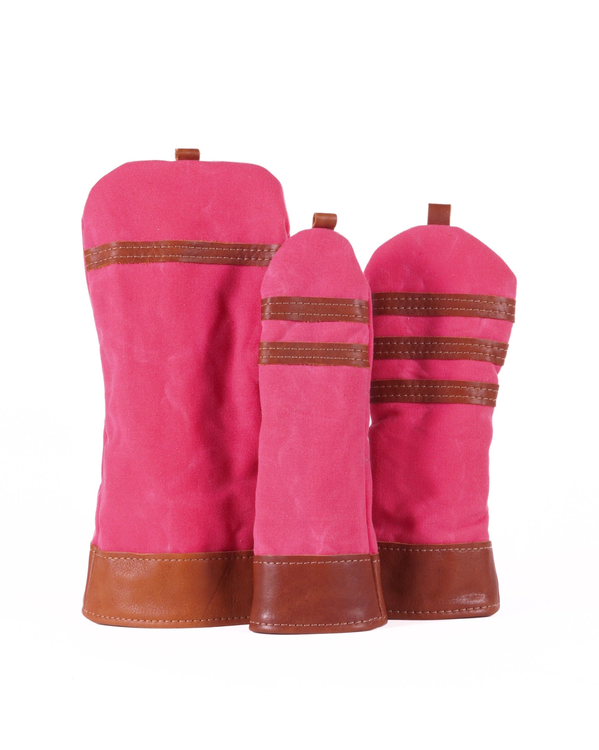Head Cover Set - Hot Pink Waxed Canvas & Chestnut Leather trim