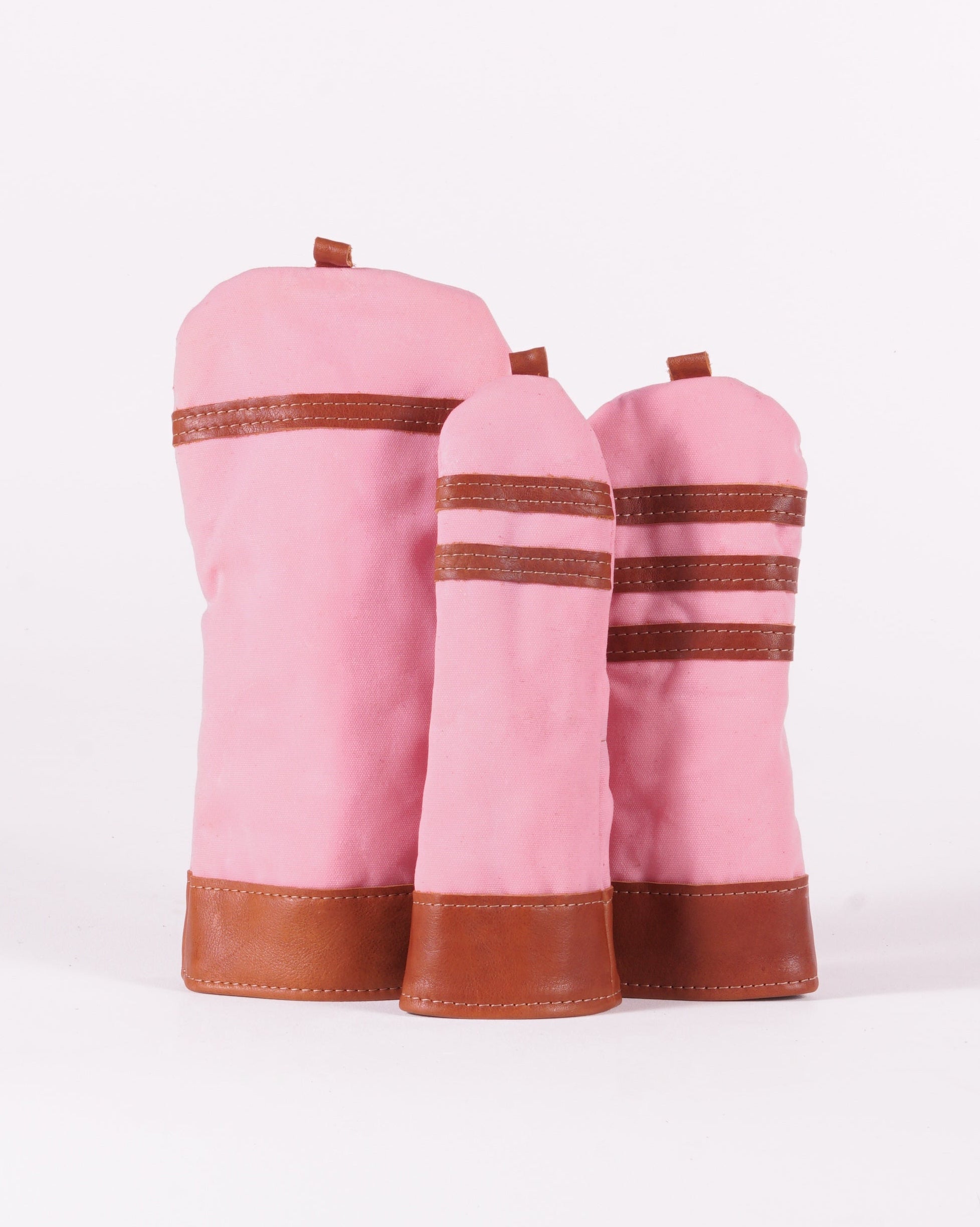 Head Cover set - Pastel Pink Waxed Canvas & Chestnut Leather trim