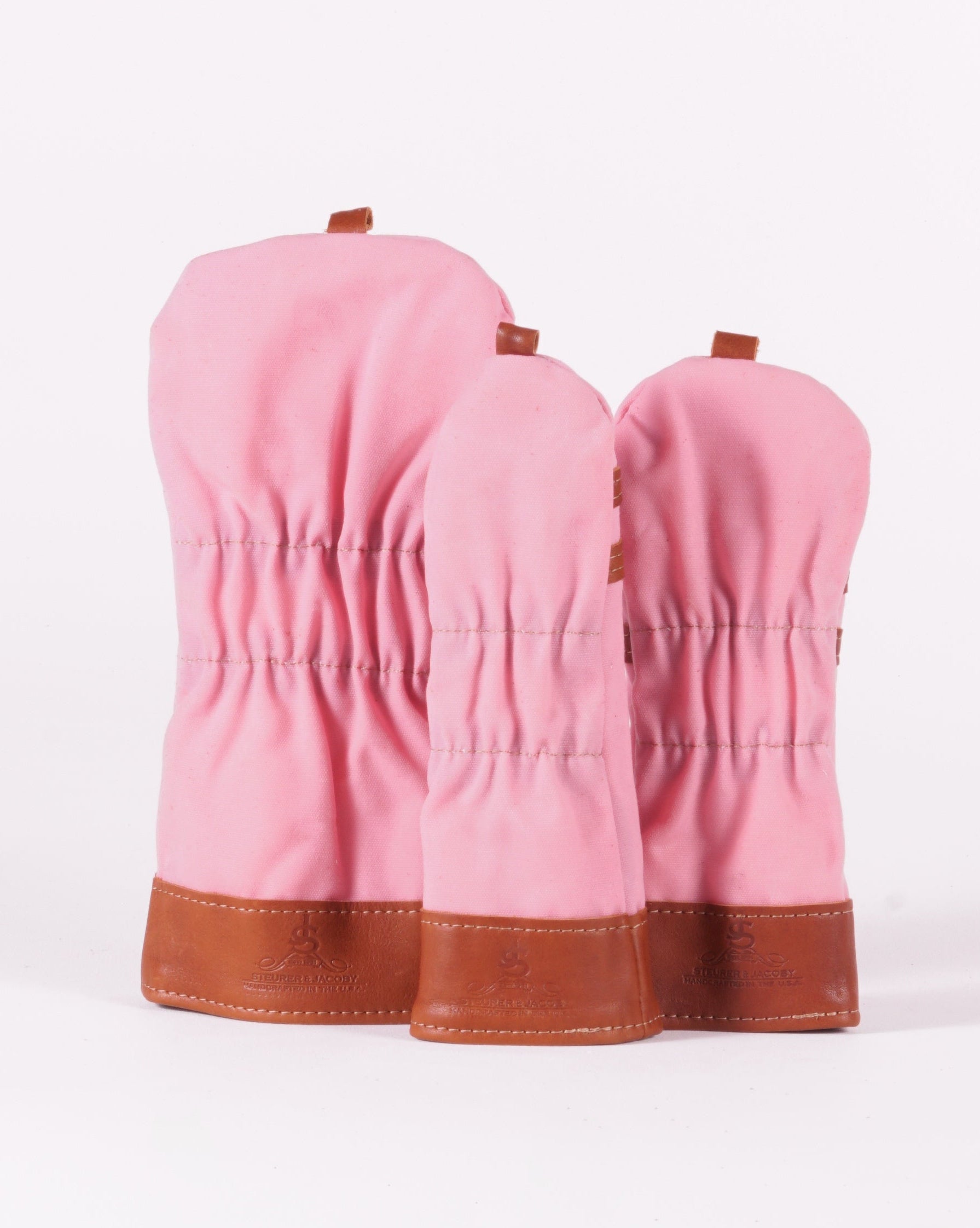 Head Cover set - Pastel Pink Waxed Canvas & Chestnut Leather trim
