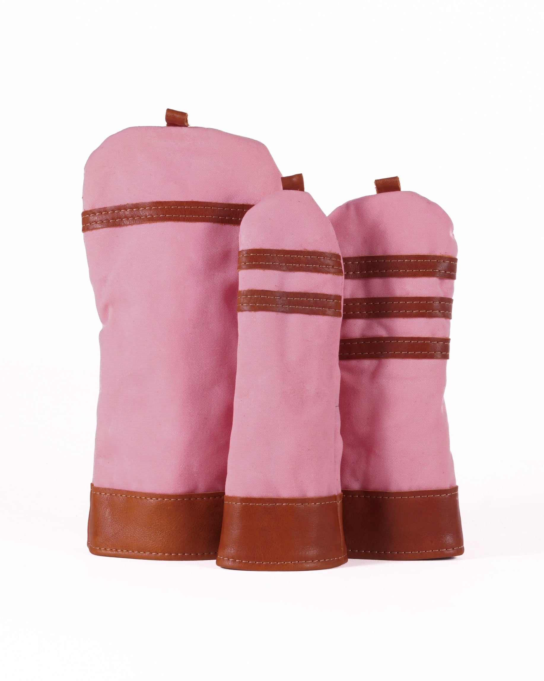 Head Cover set - Pastel Pink Waxed Canvas & Chestnut Leather trim