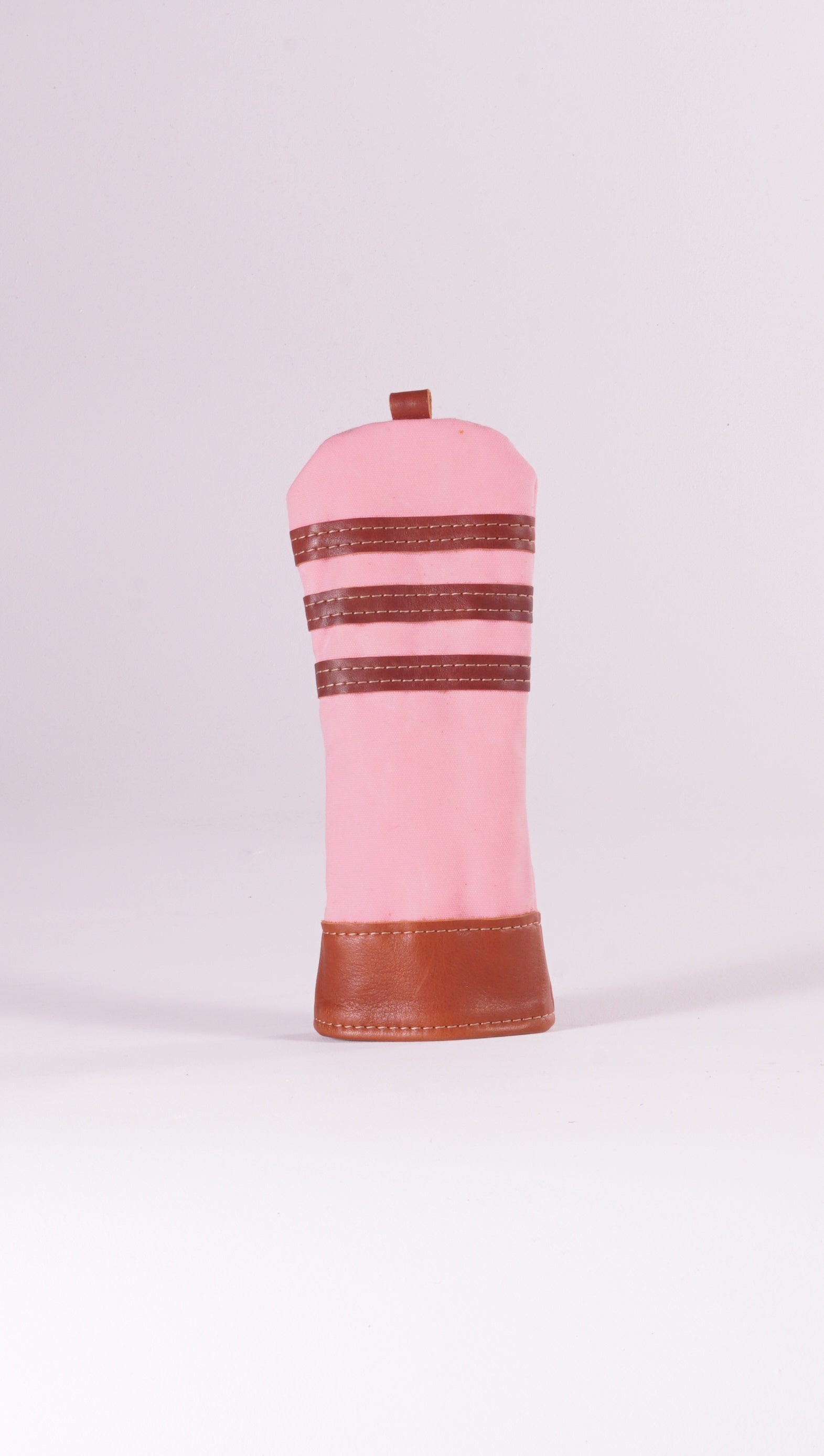 Fairway Wood Head Cover - Pastel Pink Waxed Canvas & Chestnut Leather trim (3 stripes)