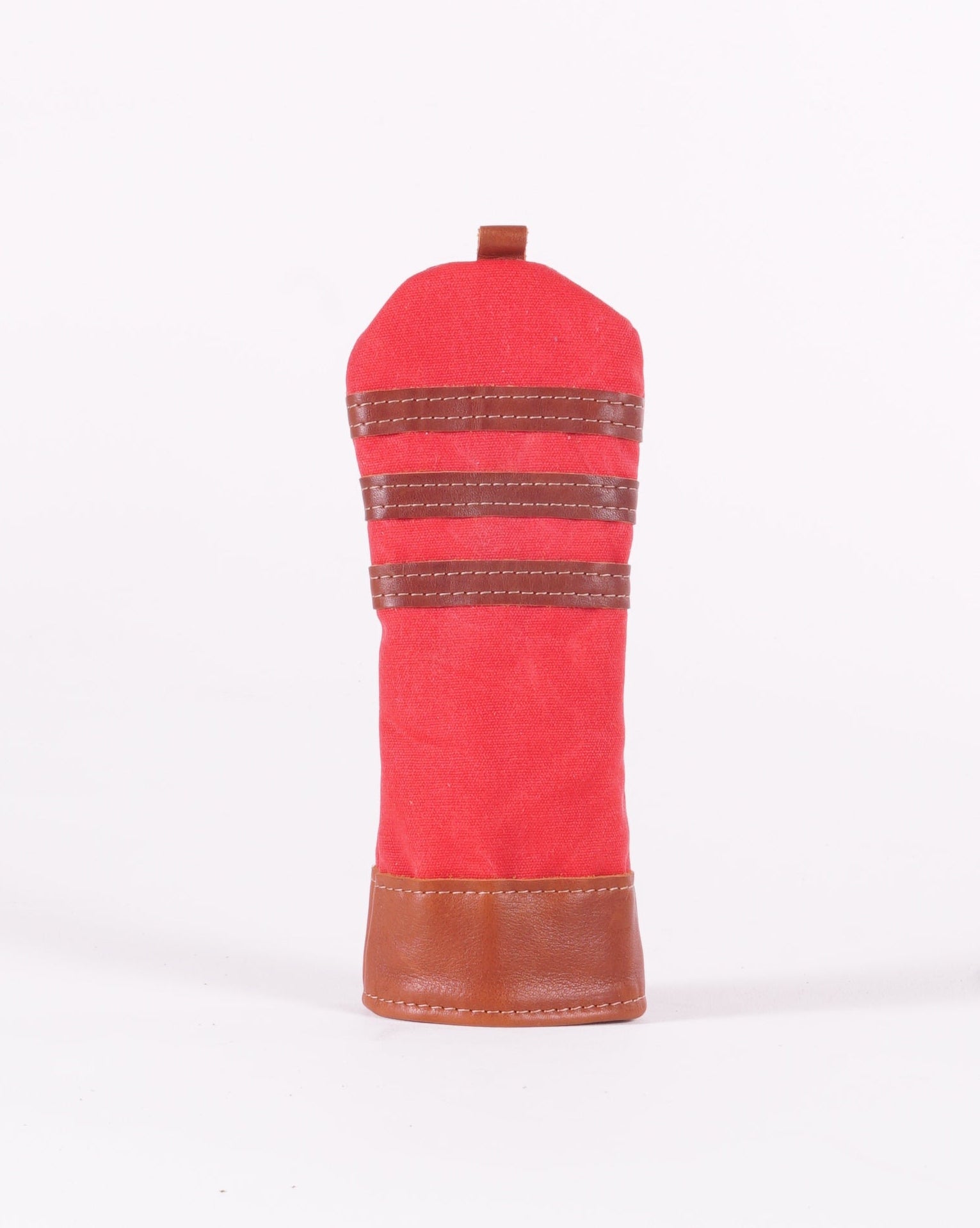 Fairway Head Cover - Bright Red Waxed Canvas & Chestnut Leather trim (2 stripes)