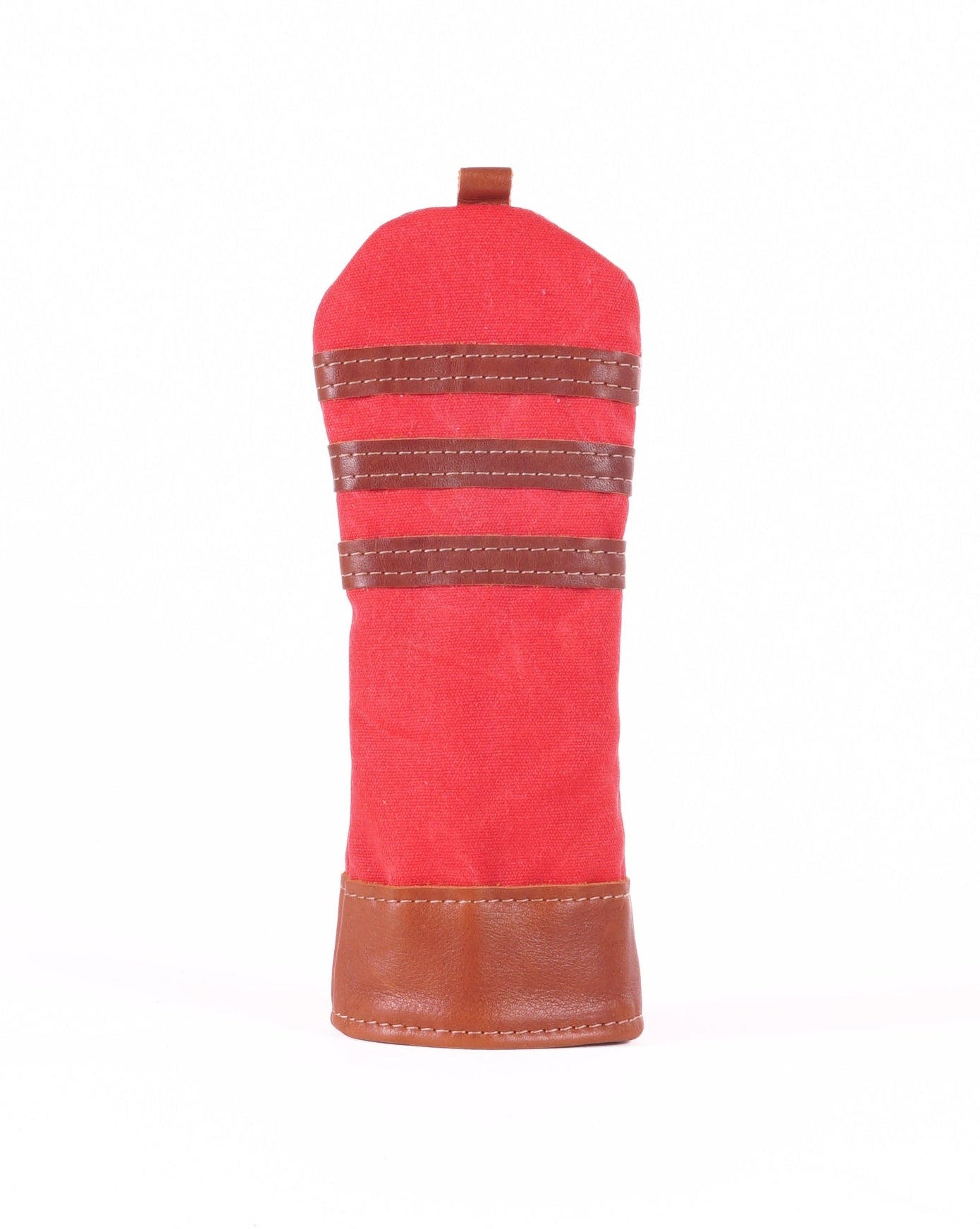 Fairway Head Cover - Bright Red Waxed Canvas & Chestnut Leather trim (2 stripes)