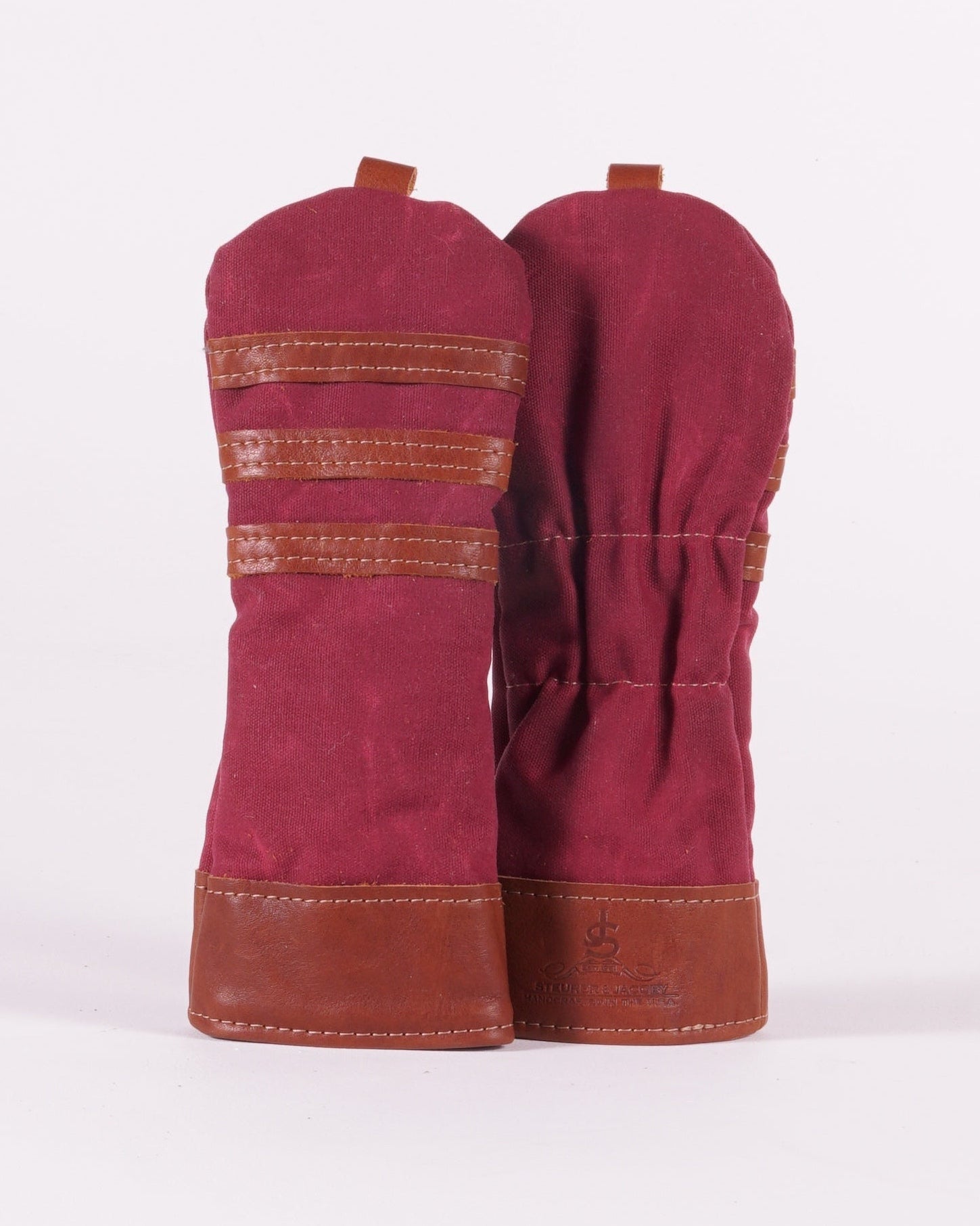 Fairway Head Cover - Burgundy Waxed Canvas & Chestnut Leather trim (3 stripes)