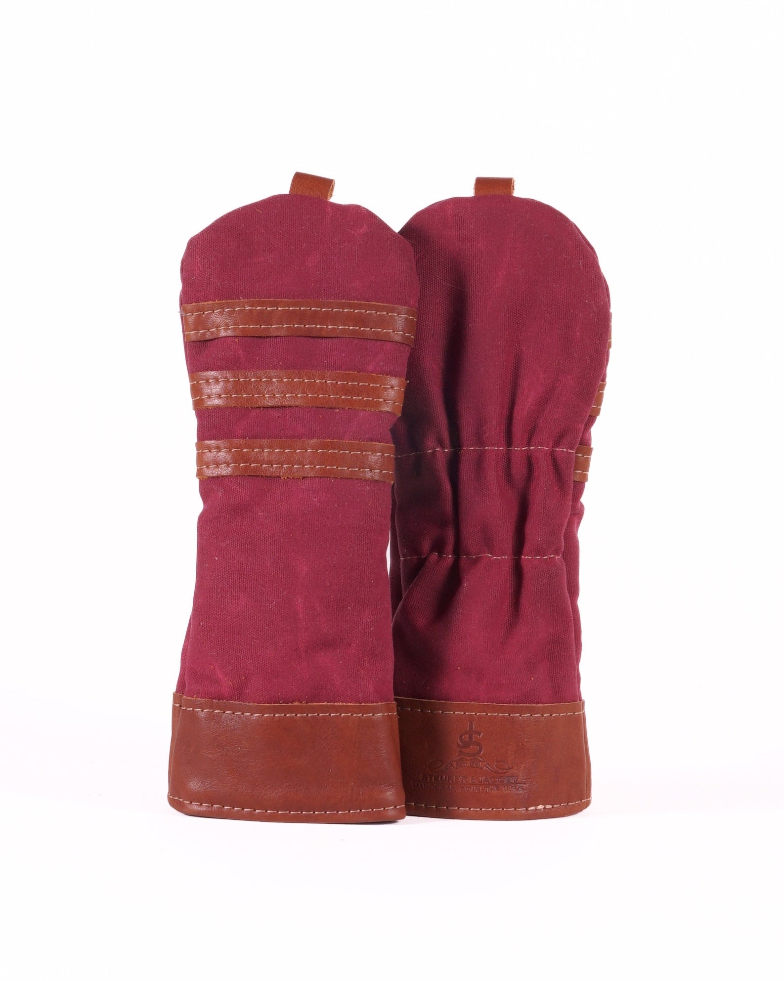 Fairway Head Cover - Burgundy Waxed Canvas & Chestnut Leather trim (3 stripes)