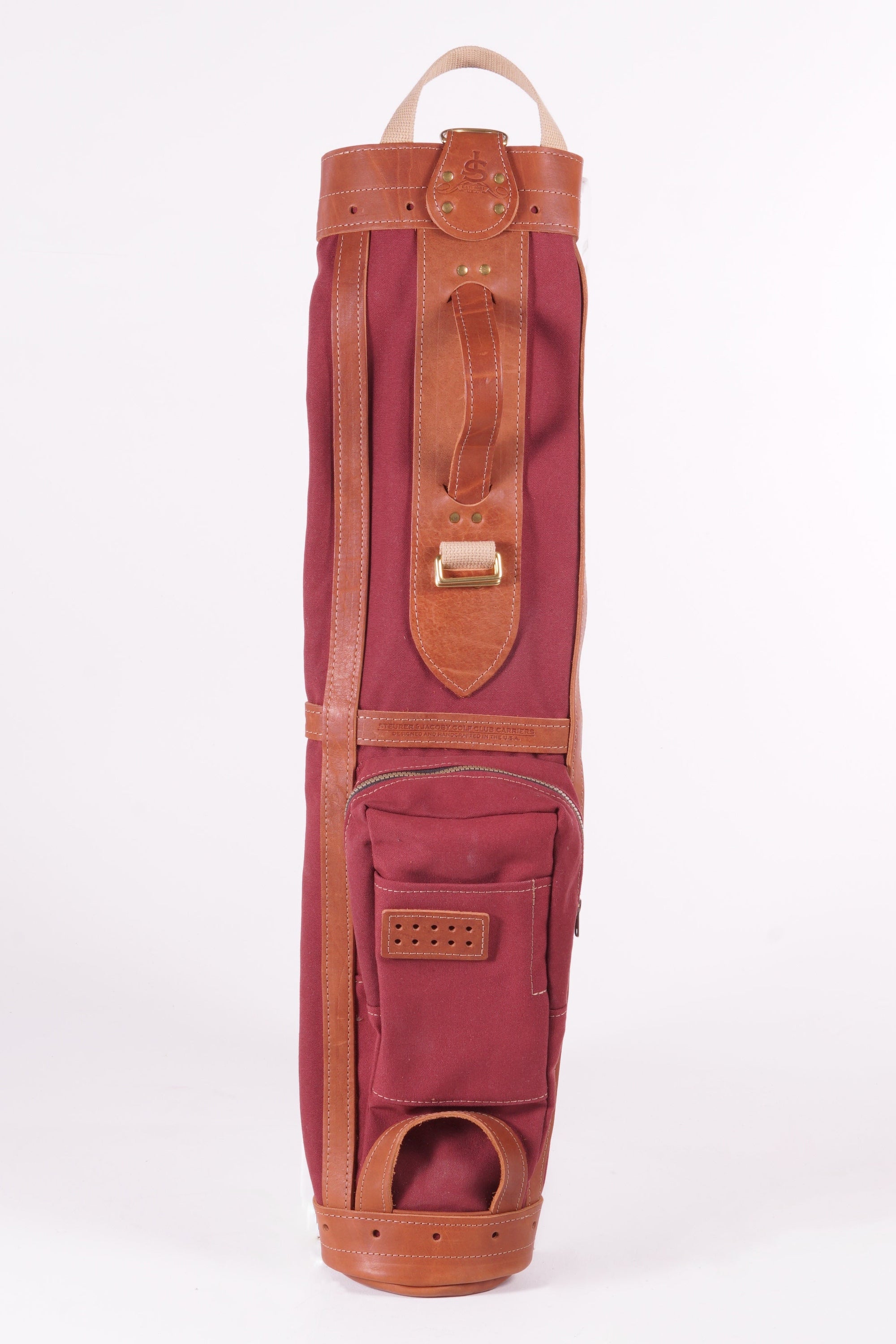 Pencil Style Golf Bag - Burgundy Waxed Canvas and Natural Leather trim