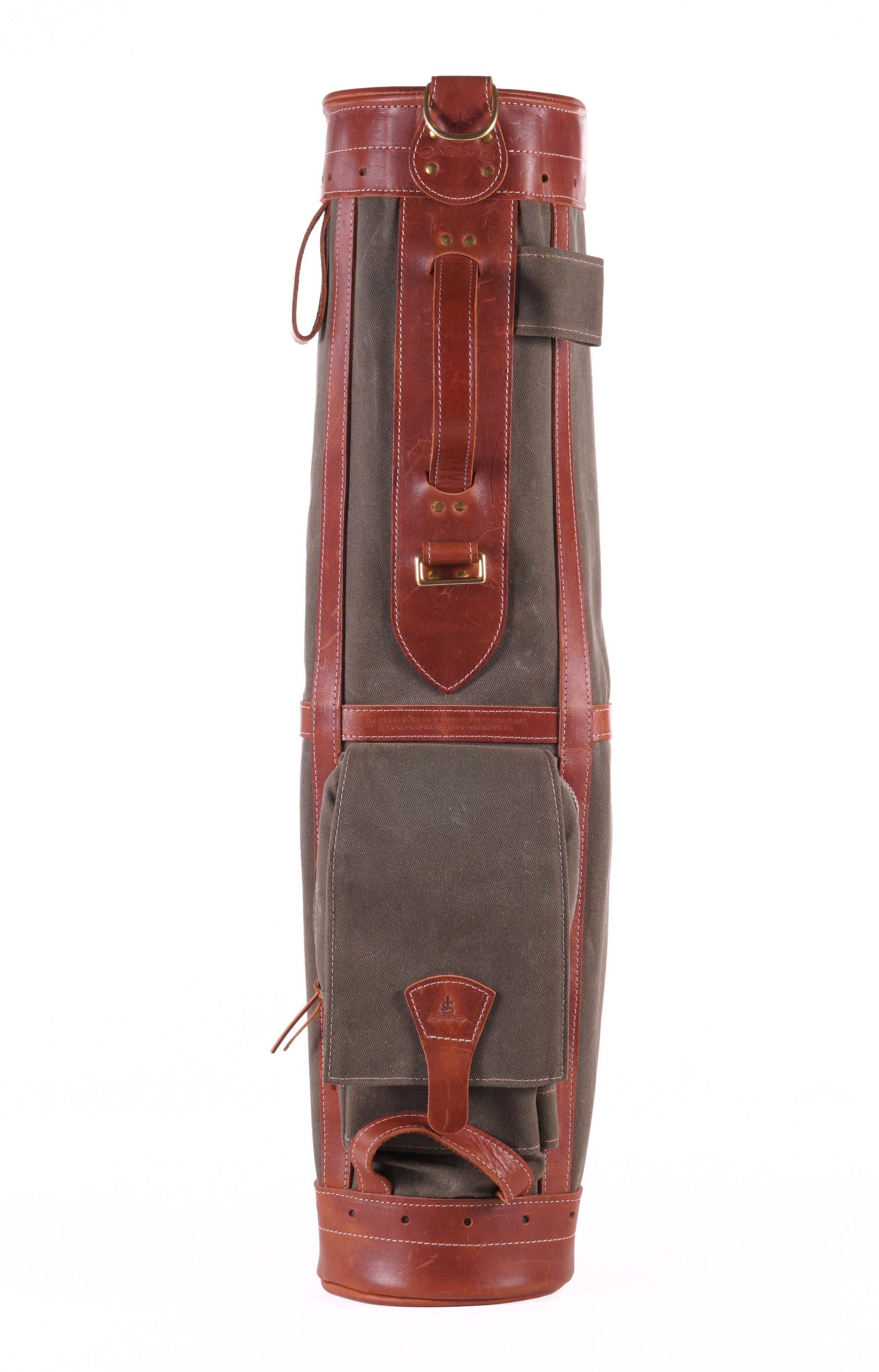 A vintage-style leather and canvas golf bag shown from the back, featuring reddish-brown leather trim and panels with a dark gray-green canvas body, photographed against a solid white background.