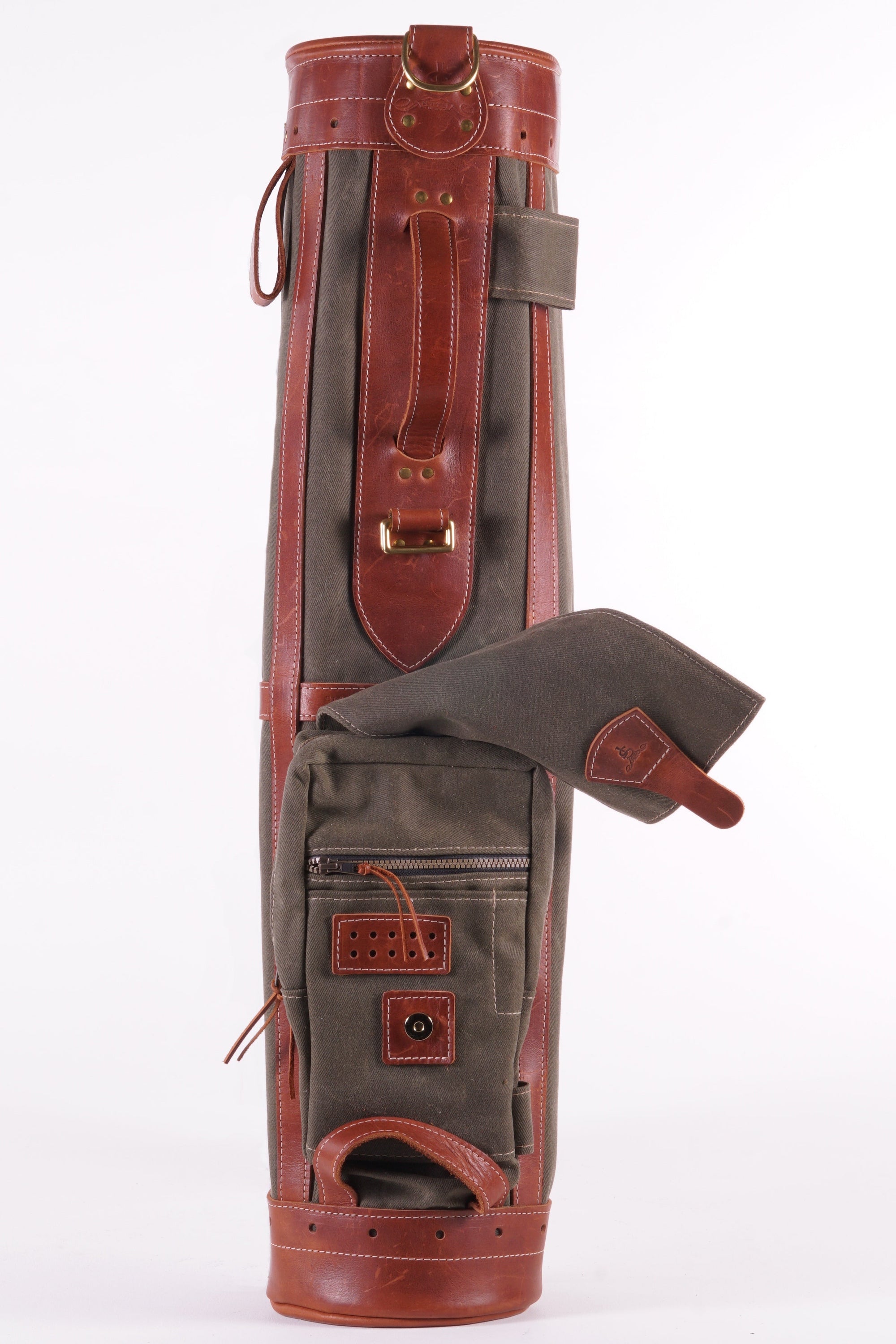 Sunday Style Golf Bag - Olive Waxed Canvas Chestnut Leather Trim