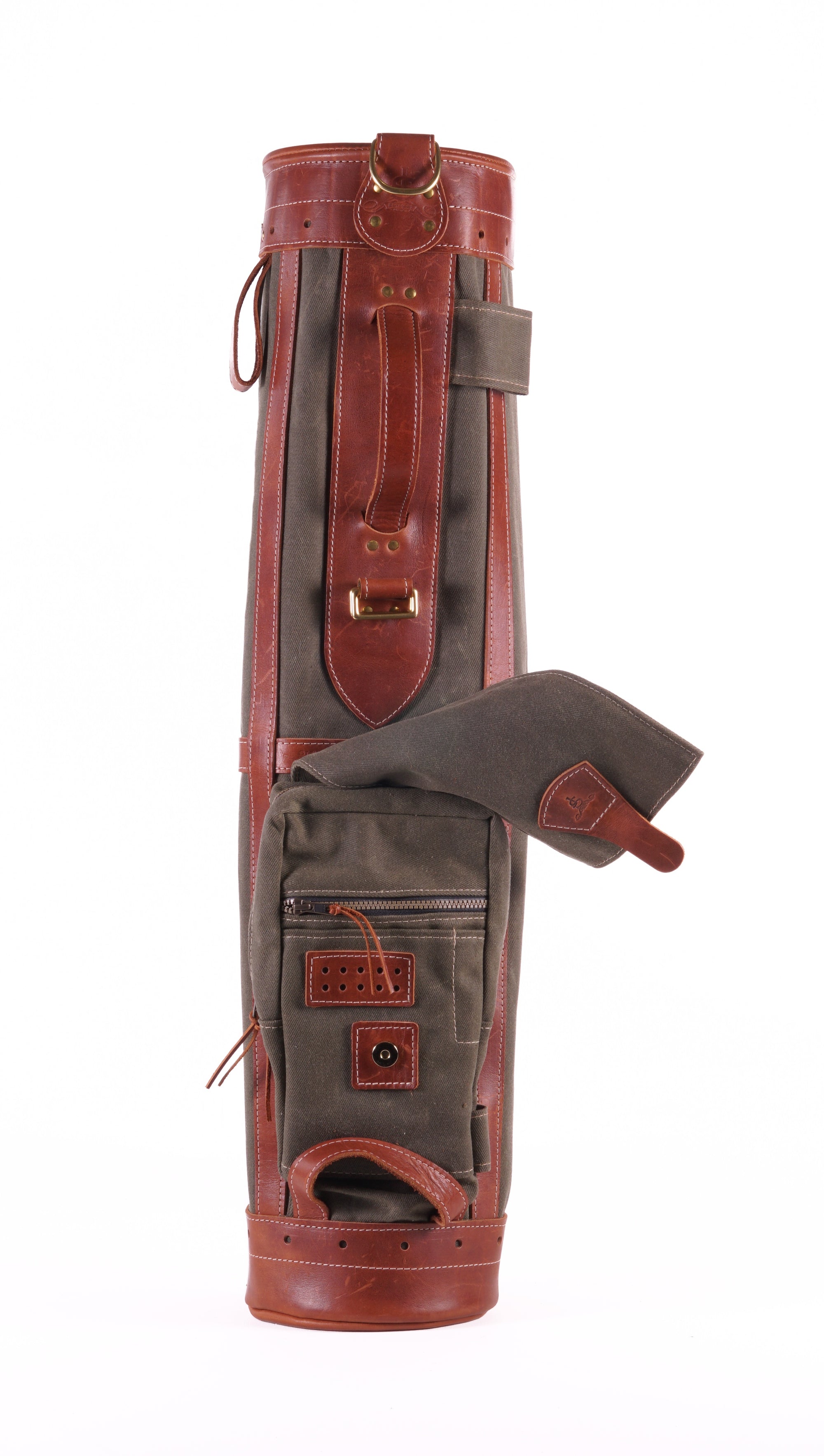 Sunday Style Golf Bag - 7" Olive Waxed Canvas Chestnut Leather Trim
