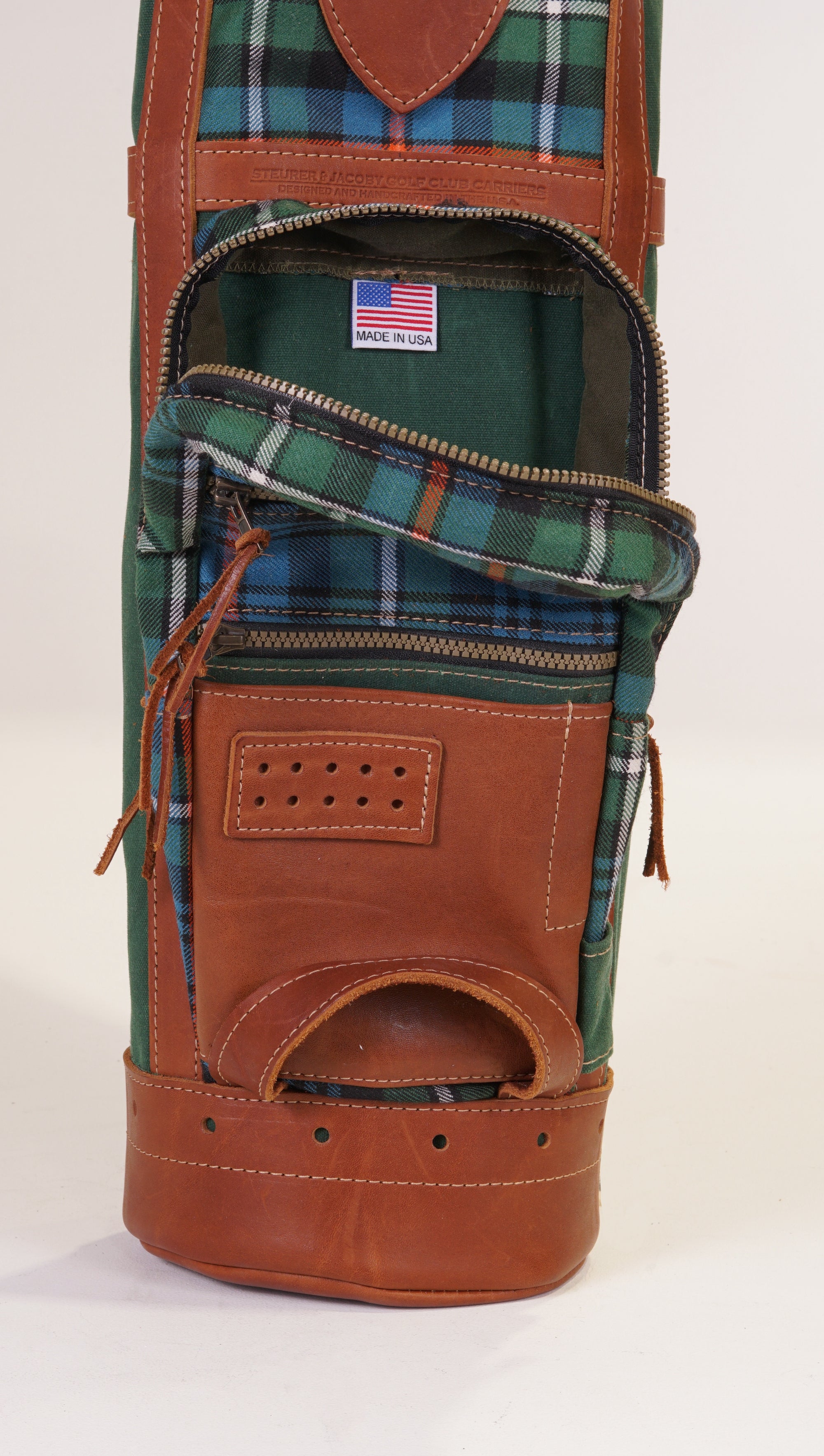 Sunday Style Golf Bag - Mackenzie OC Tartan, Spruce Green Canvas, and Chestnut Leather Trim