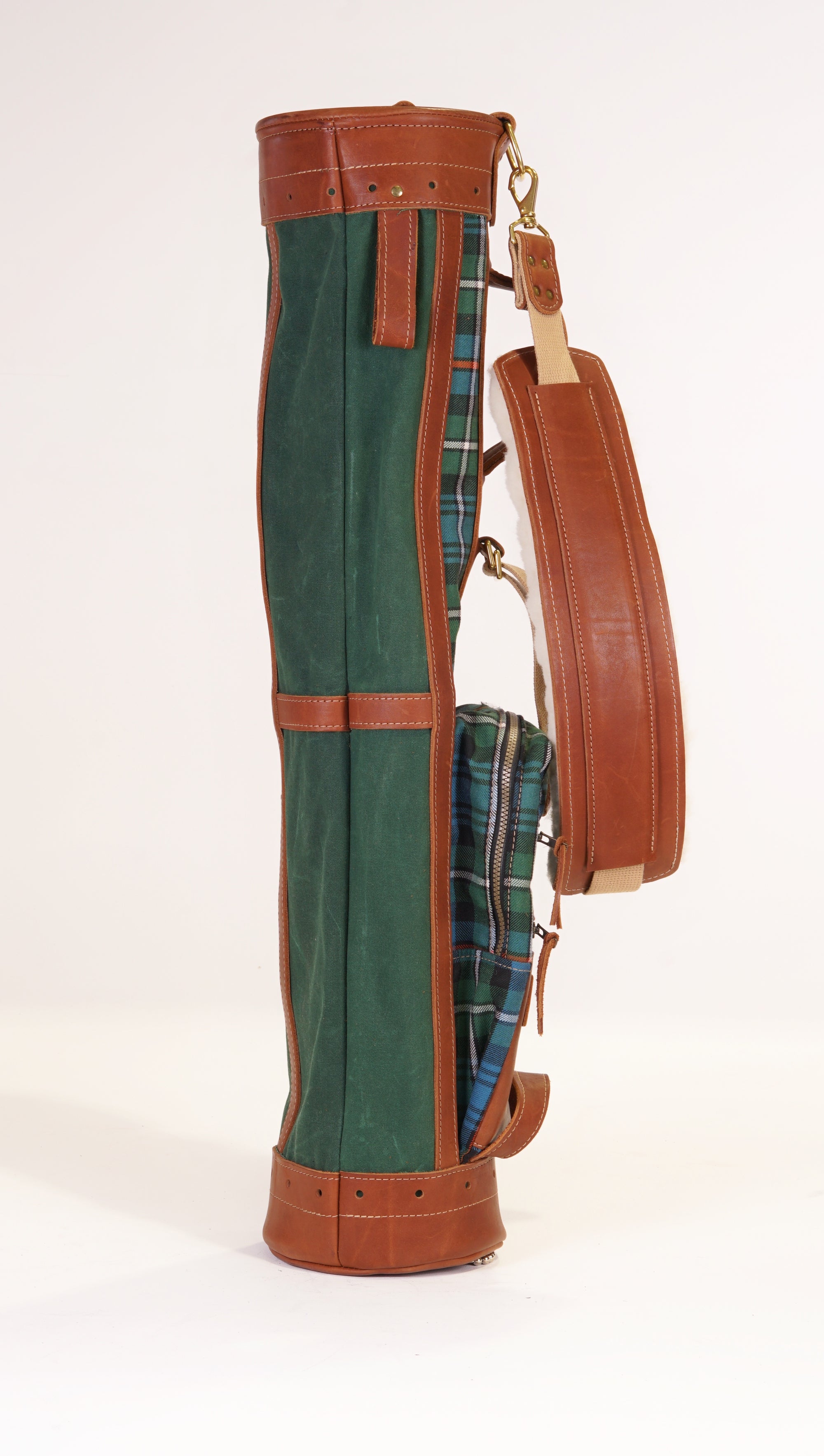 Sunday Style Golf Bag - Mackenzie OC Tartan, Spruce Green Canvas, and Chestnut Leather Trim