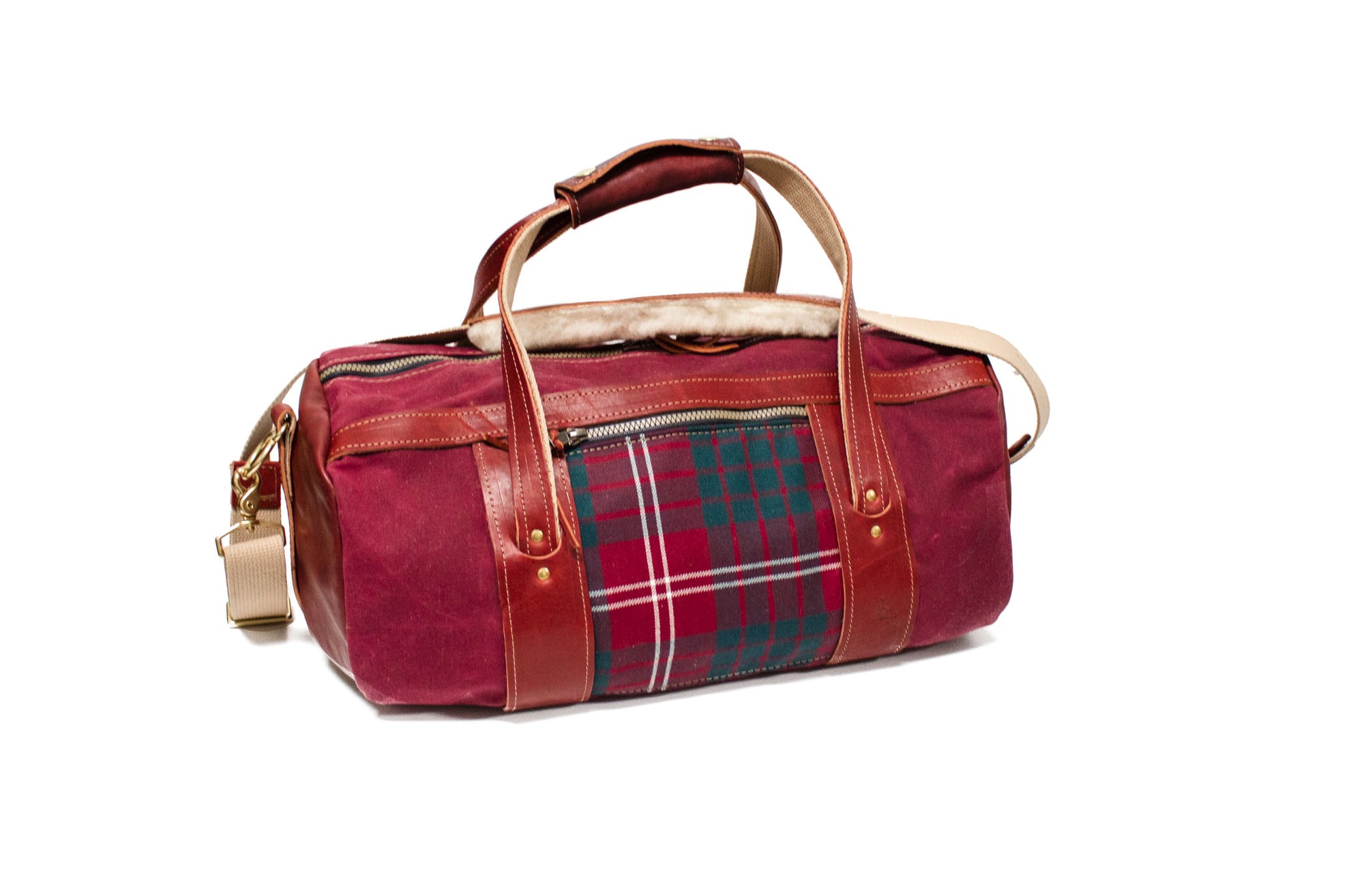 Crawford Modern Tartan and Burgundy Leather Club Duffel Bag- Steurer & Jacoby