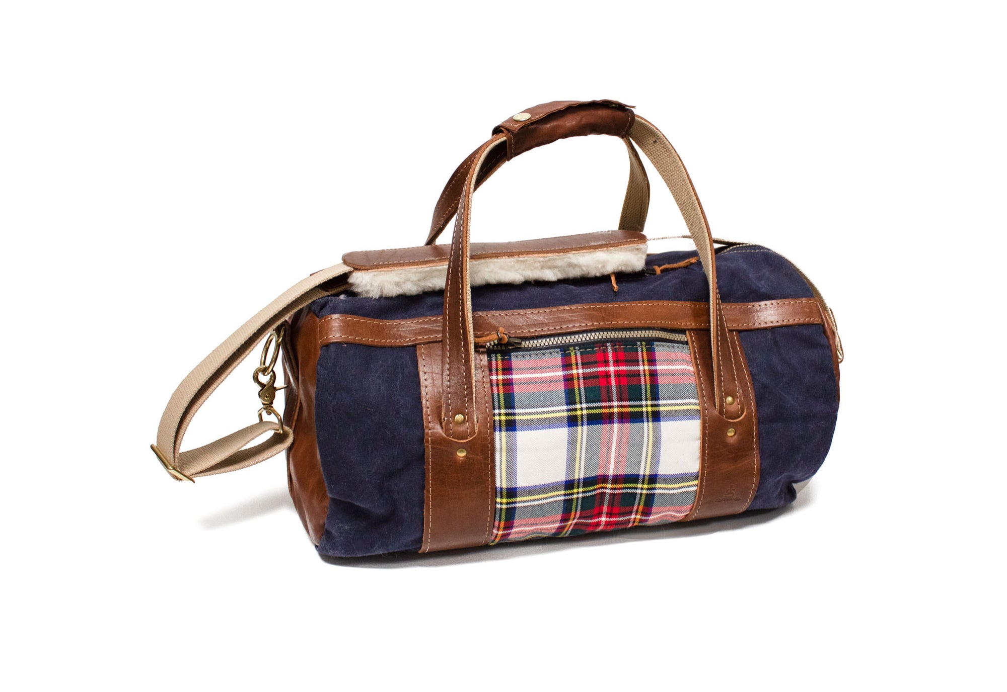 Stewart Dress Modern Tartan and Chestnut Leather Club Duffel Bag- Steurer & Jacoby