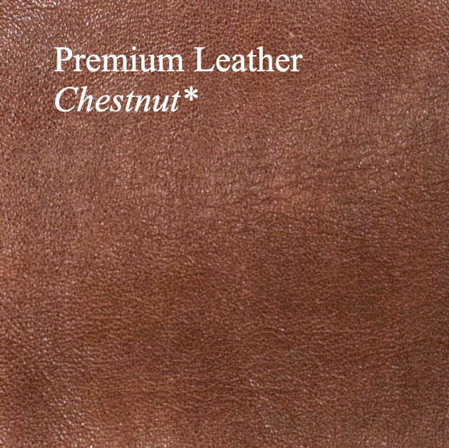 Close-up of chestnut brown leather with 'Premium Leather Chestnut' text.