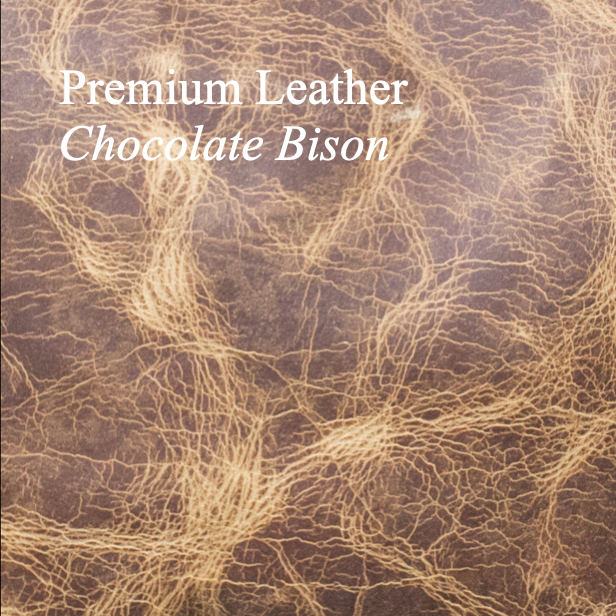 Premium leather with chocolate bison pattern and text