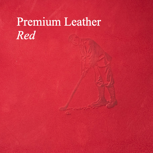 Red leather texture with embossed image of a person playing golf and 'Premium Leather Red' text.