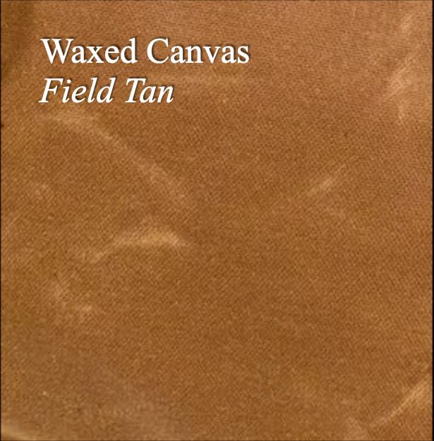 Brown waxed canvas fabric with 'Waxed Canvas Field Tan' text.