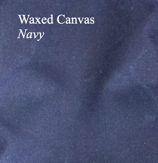 Navy waxed canvas fabric with text 'Waxed Canvas Navy'.