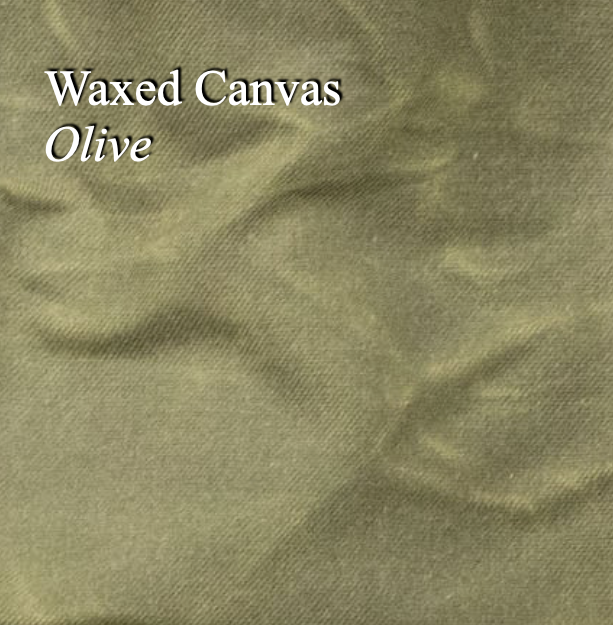 Olive green waxed canvas fabric with text 'Waxed Canvas Olive'.
