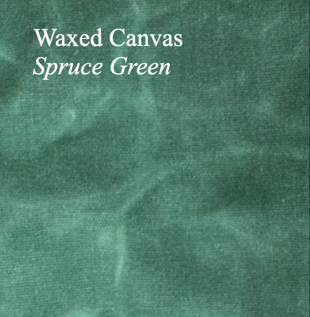 Spruce green waxed canvas fabric with text overlay