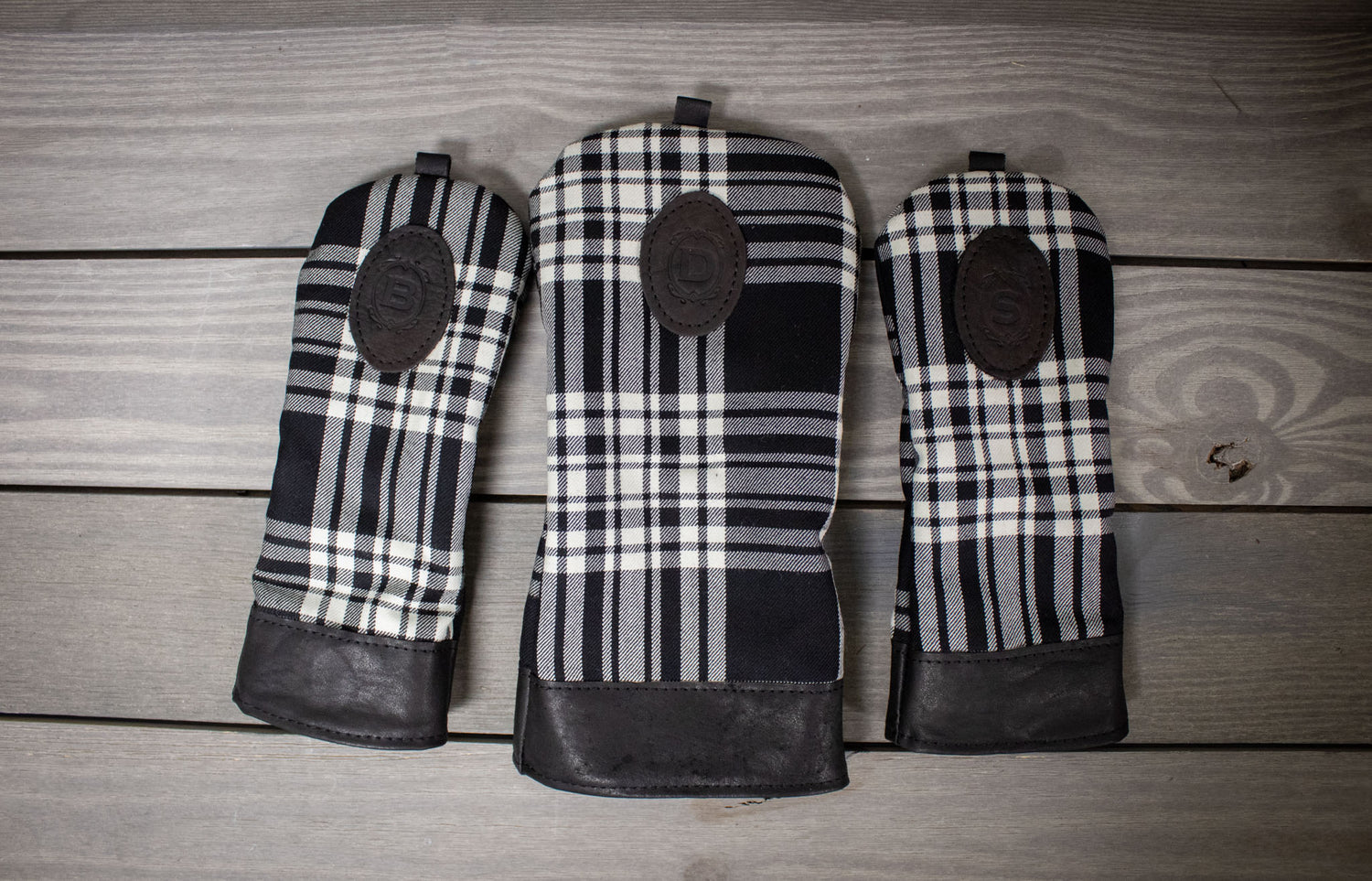 black and white tartan golf headcovers