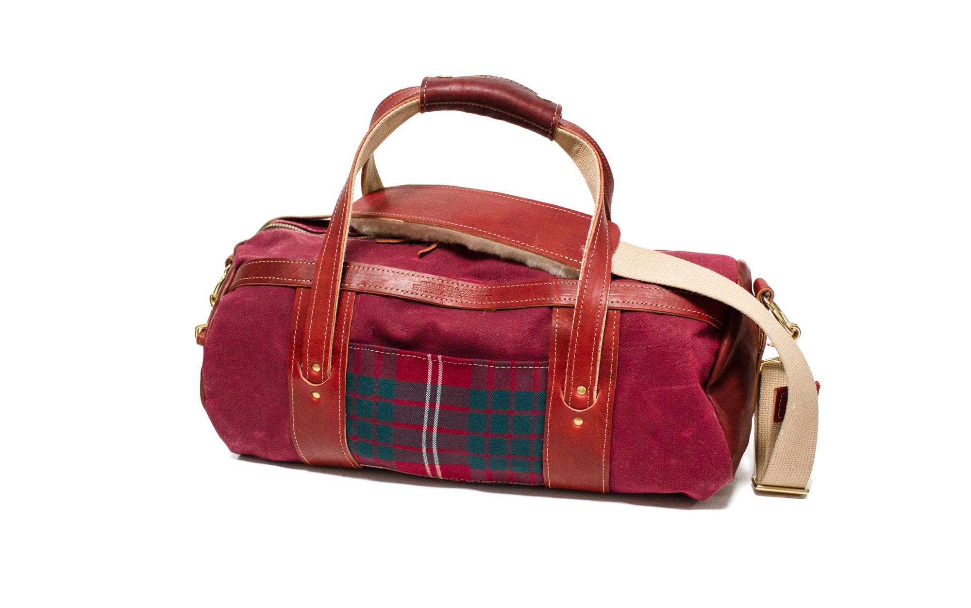Crawford Modern Tartan and Burgundy Leather Club Duffel Bag- Steurer & Jacoby