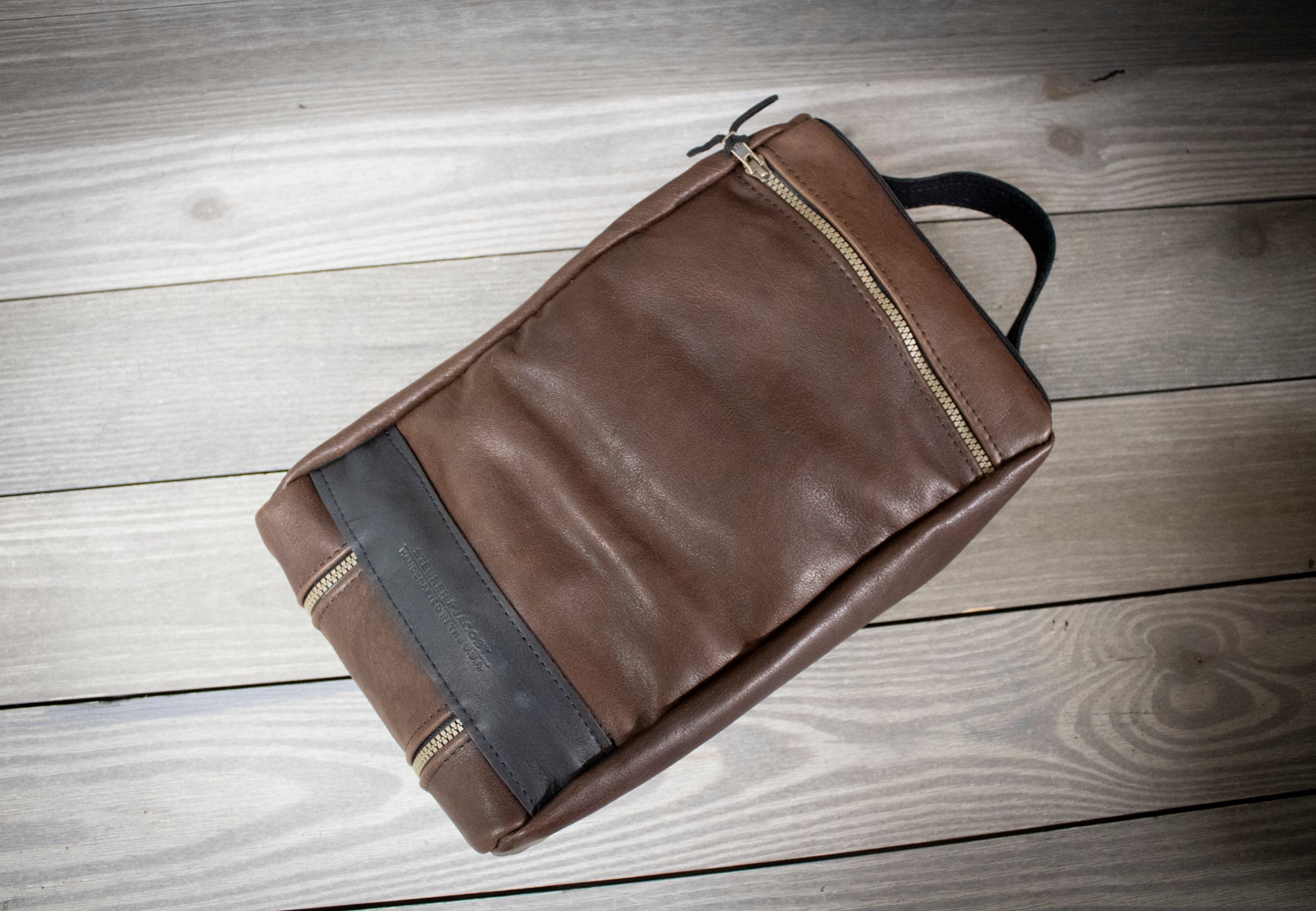 Distressed Bison and Black Leather Trim Shoe Bag Back with Zipper- Steurer & Jacoby