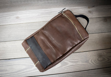 Distressed Bison and Black Leather Trim Shoe Bag Back with Zipper- Steurer & Jacoby