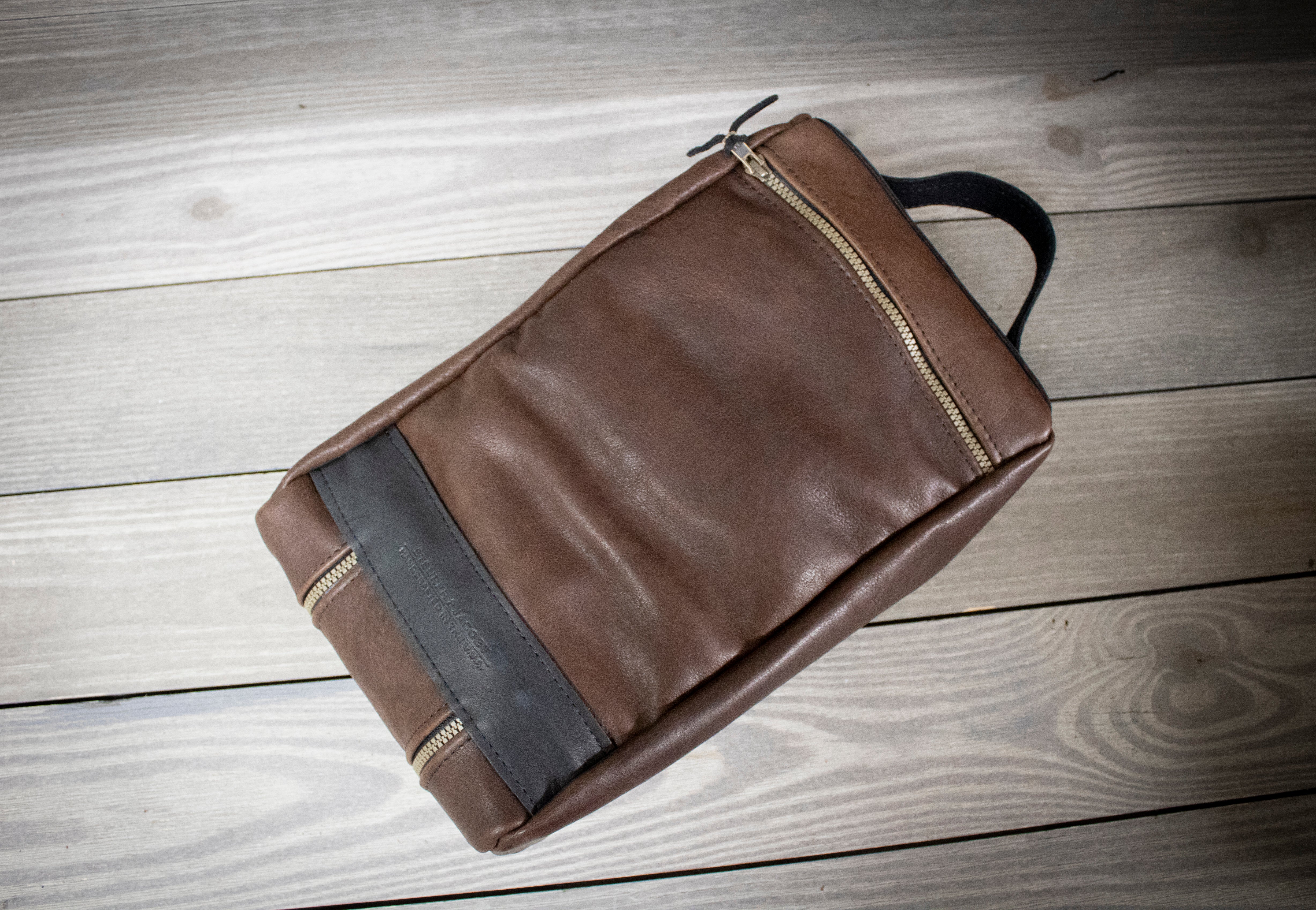 Distressed Bison and Black Leather Trim Shoe Bag Back with Zipper- Steurer & Jacoby