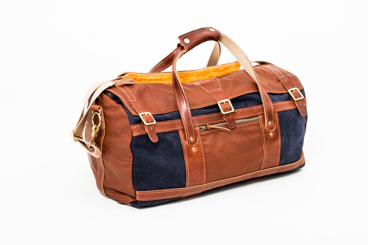 Navy Tour Style Duffel Bag with Leather Flap and Ends- Steurer & Jacoby