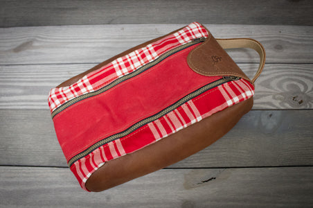 Red and White Menzies Tartan and Red with Natural Leather Shoe Bag- Steurer & Jacoby