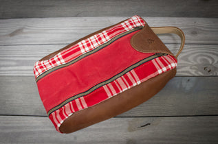Red and White Menzies Tartan and Natural Leather Shoe Bag- Steurer & Jacoby