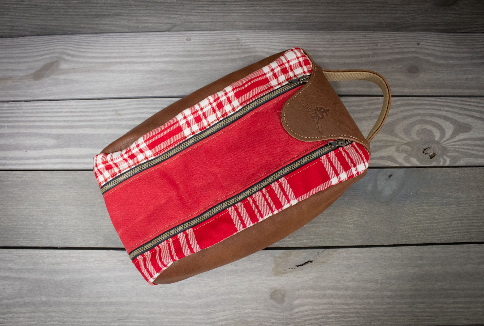 Red and White Menzies Tartan and Natural Leather Shoe Bag- Steurer & Jacoby