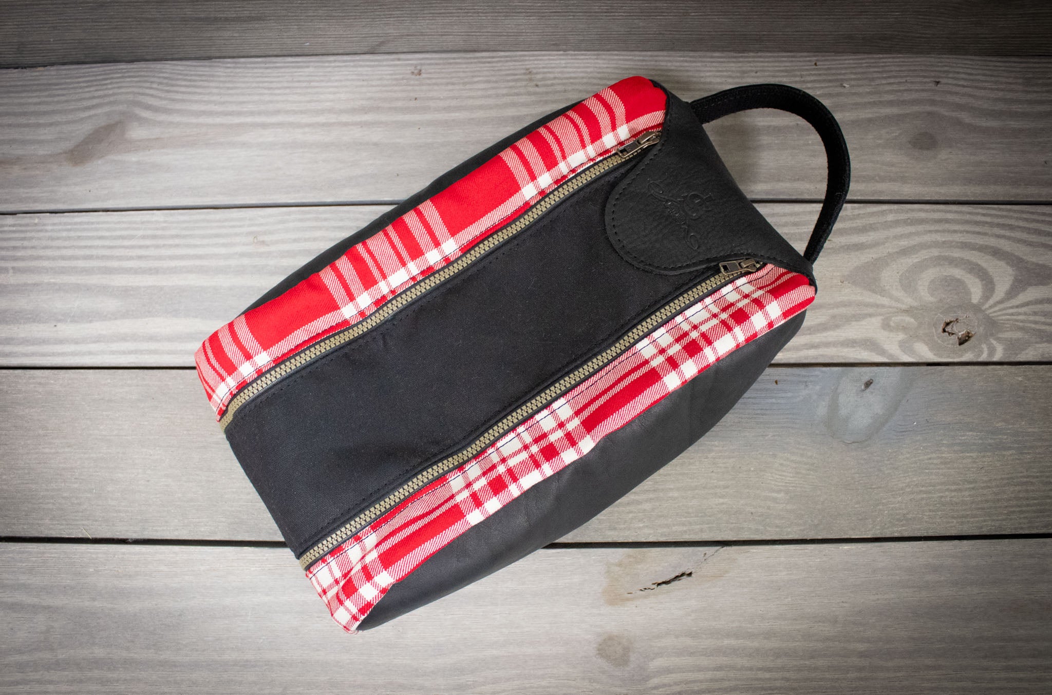 Red and White Menzies Tartan and Black Leather Shoe Bag- Steurer & Jacoby