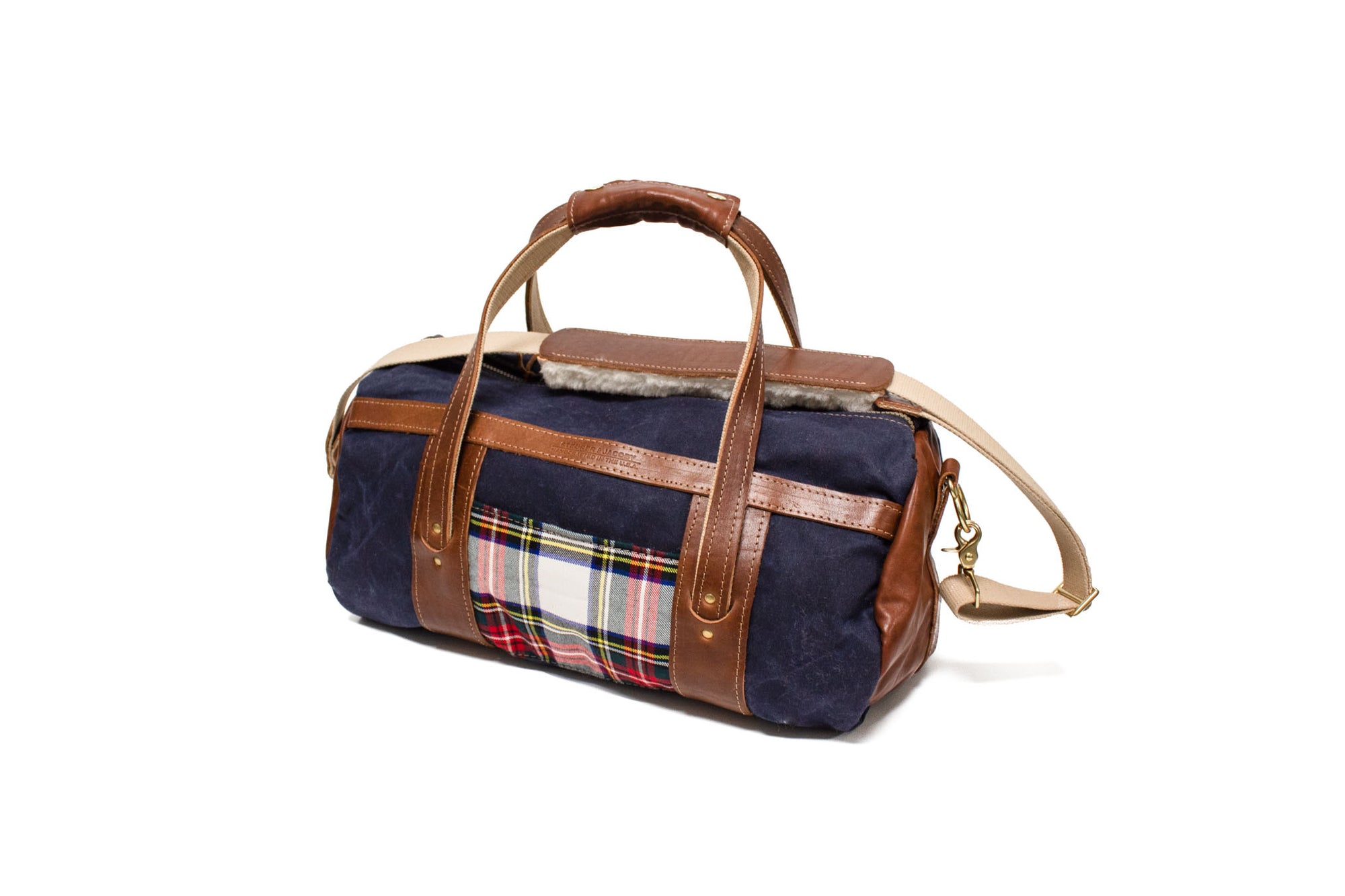 Stewart Dress Modern Tartan and Chestnut Leather Club Duffel Bag- Steurer & Jacoby