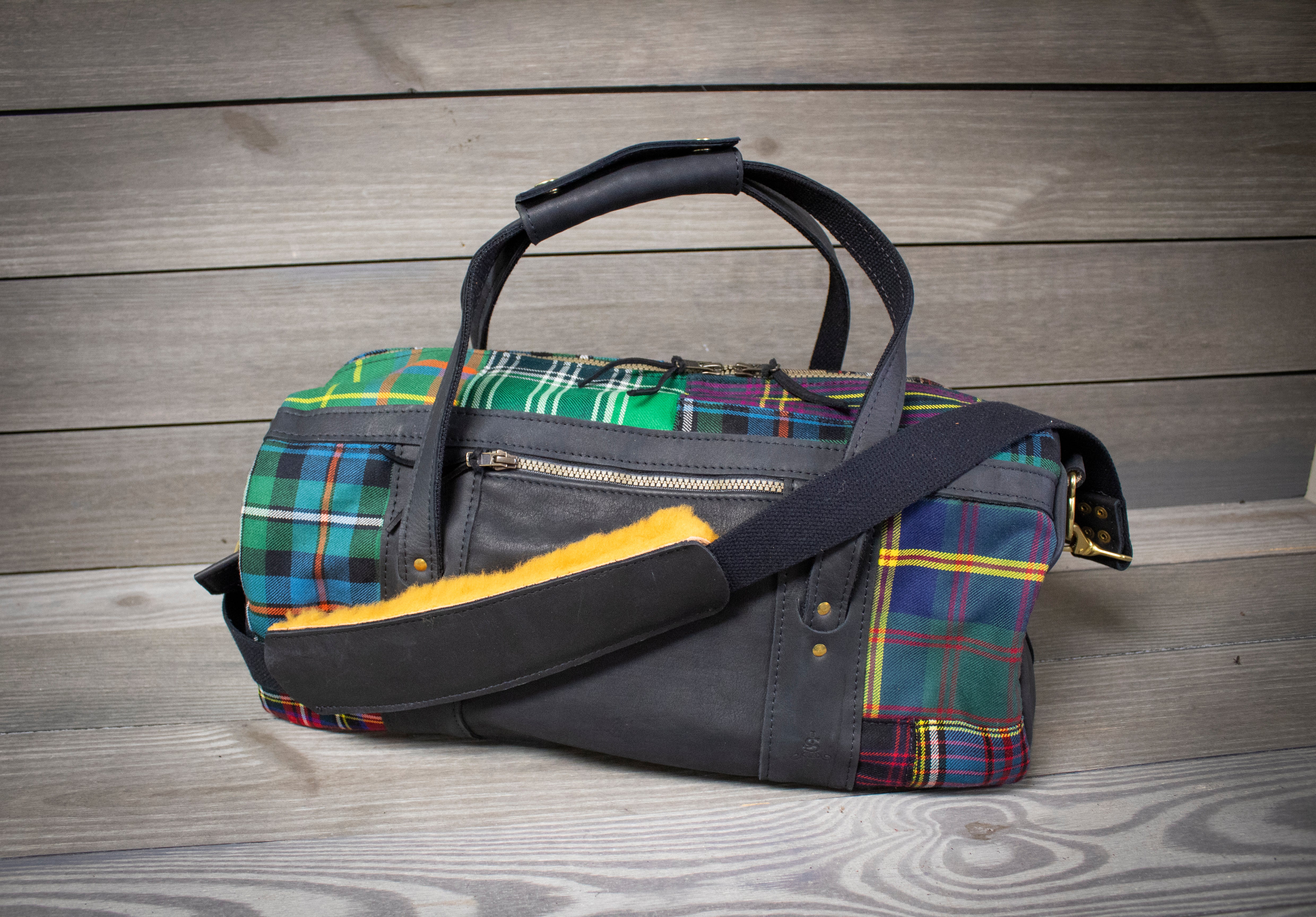 Tartan Patchwork with Black Leather Club Duffel Bag- Steurer & Jacoby