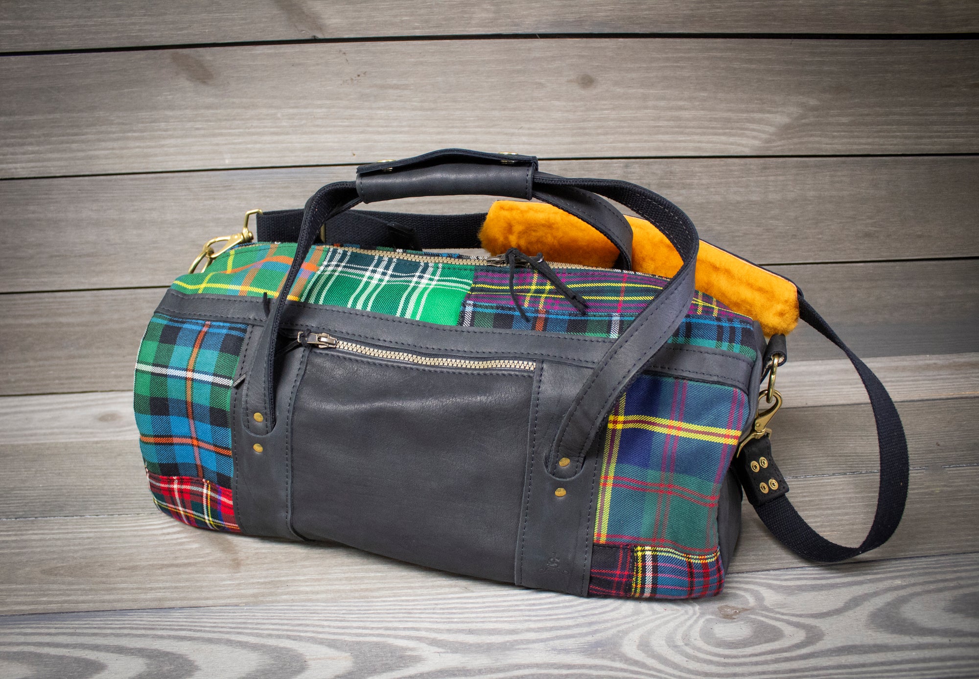Tartan Patchwork with Black Leather Club Duffel Bag- Steurer & Jacoby