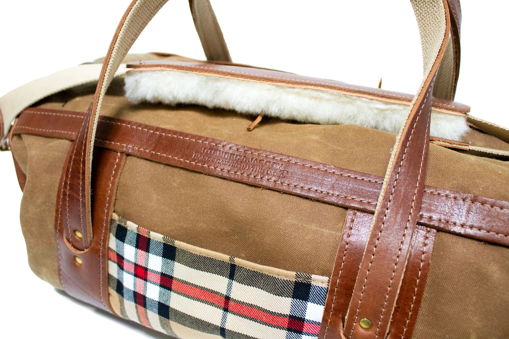 Thomsen Camel Tartan and Chestnut Leather Club Duffel Bag- Steurer & Jacoby