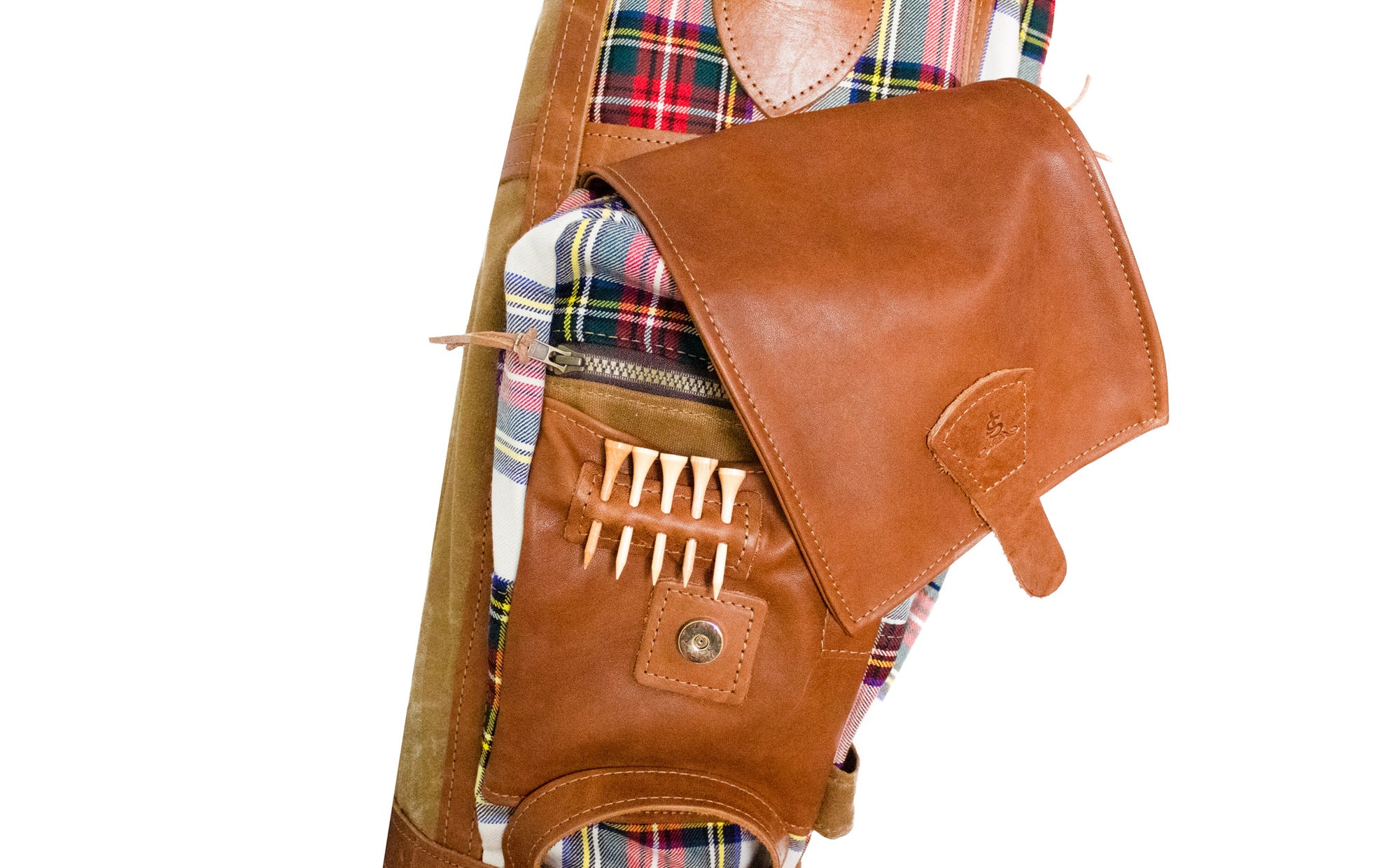 Stewart Dress Modern Tartan & Leather Airliner Style Golf Bag Ball Pocket- Steurer & Jacoby