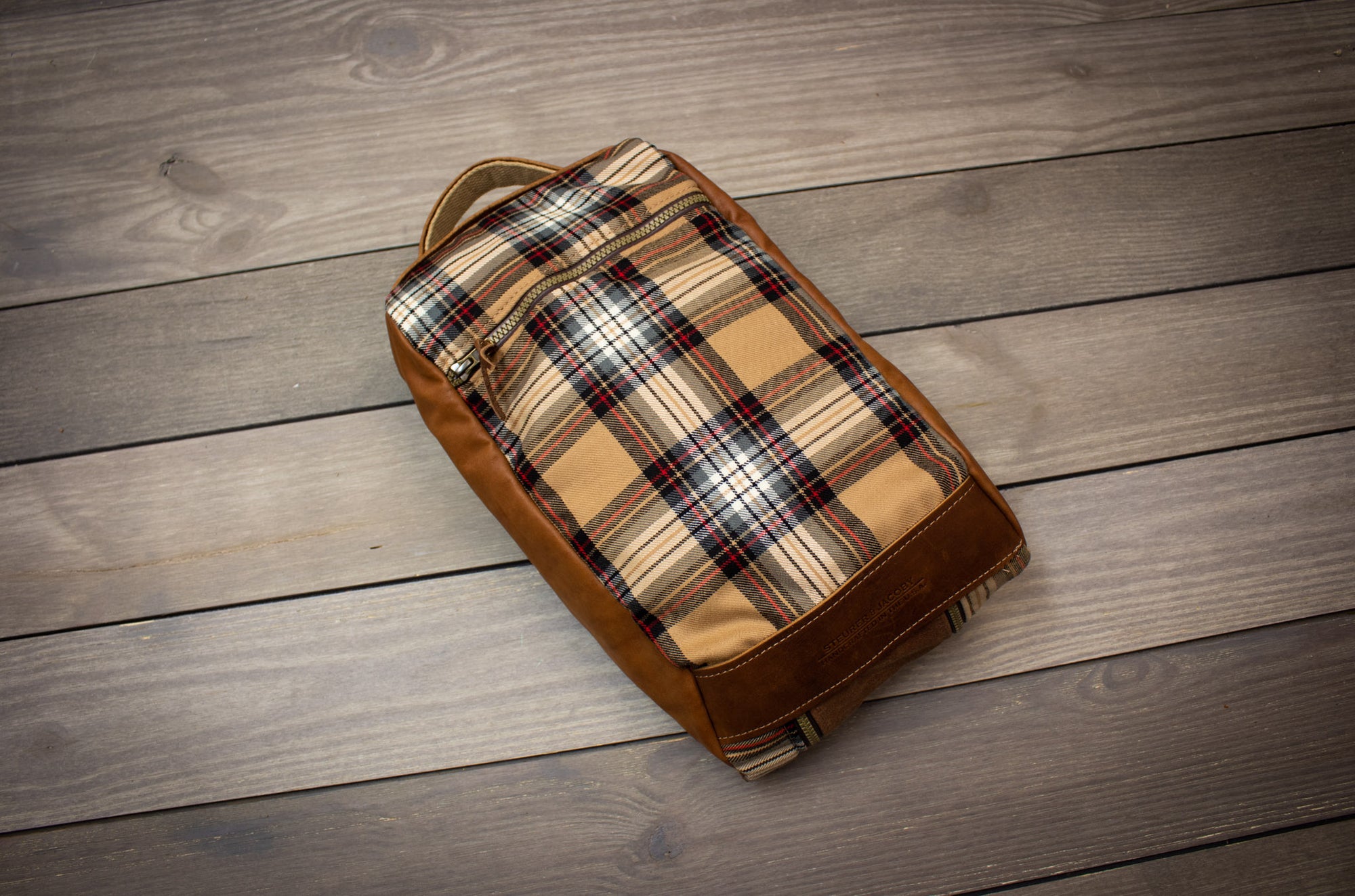 Stewart Camel Modern Tartan & Leather Shoe Bag- Steurer & Jacoby 