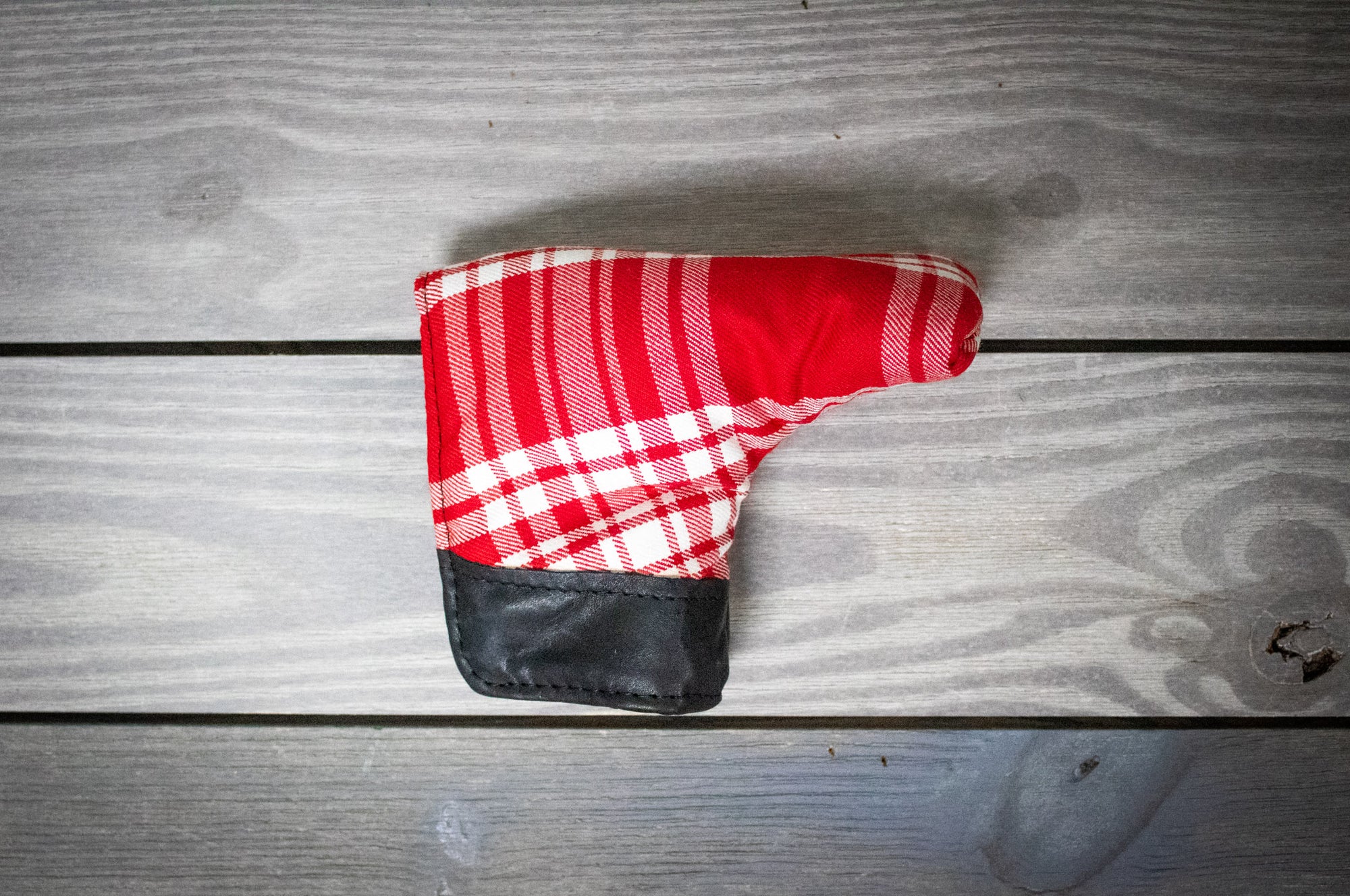 Red/White Menzies Tartan & Black Leather Putter Cover- Steurer & Jacoby