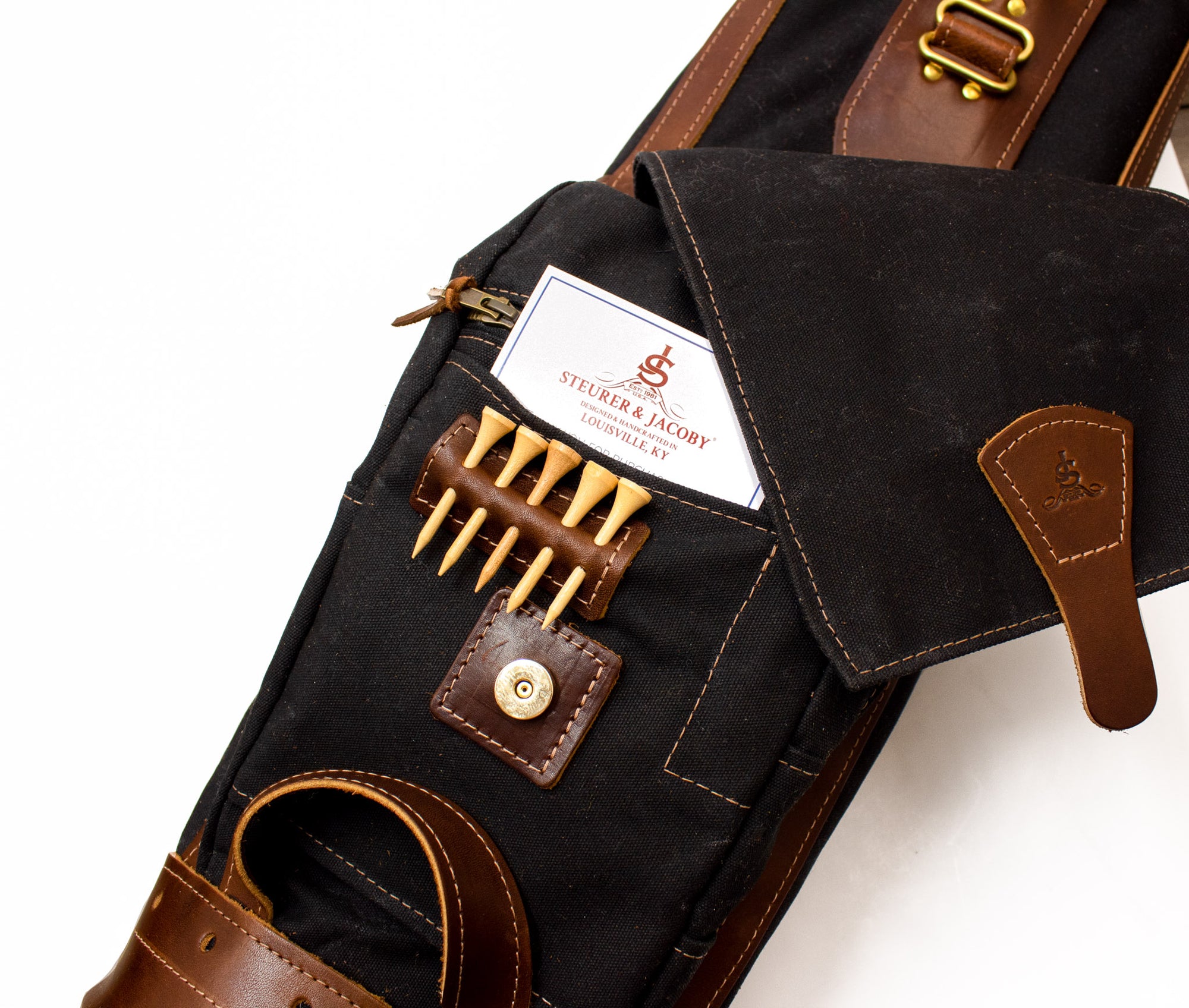 7" Sunday Style Golf Bag Black Waxed Canvas with Chestnut Leather- Steurer & Jacoby