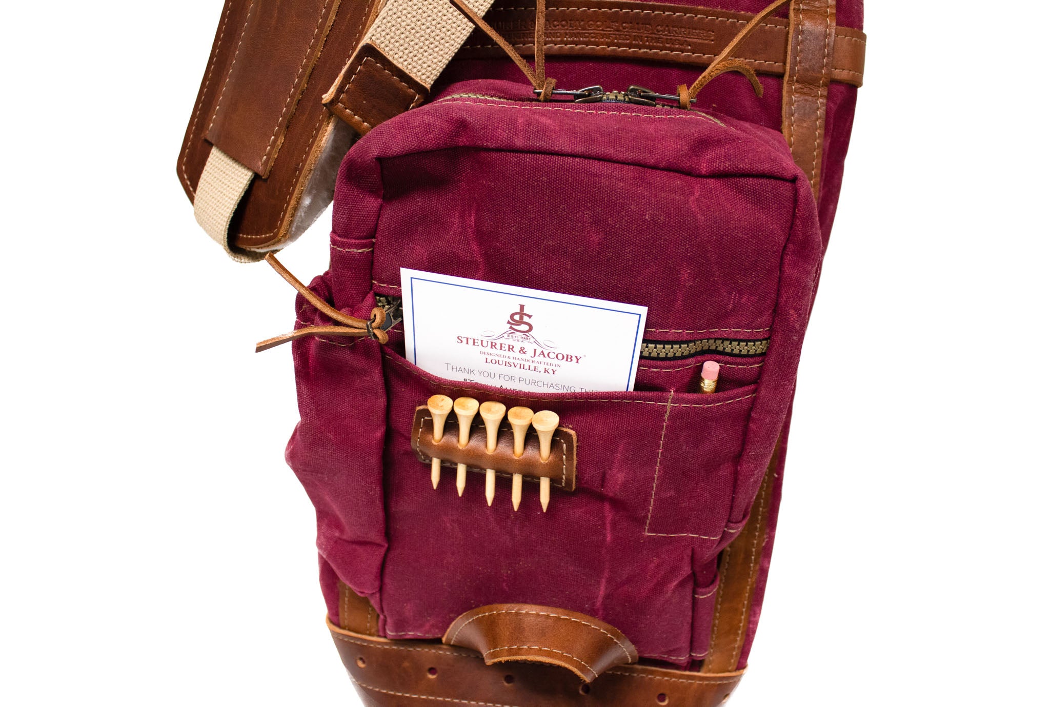 Burgundy & Natural Leather Caddy Style Golf Bag- Steurer & Jacoby