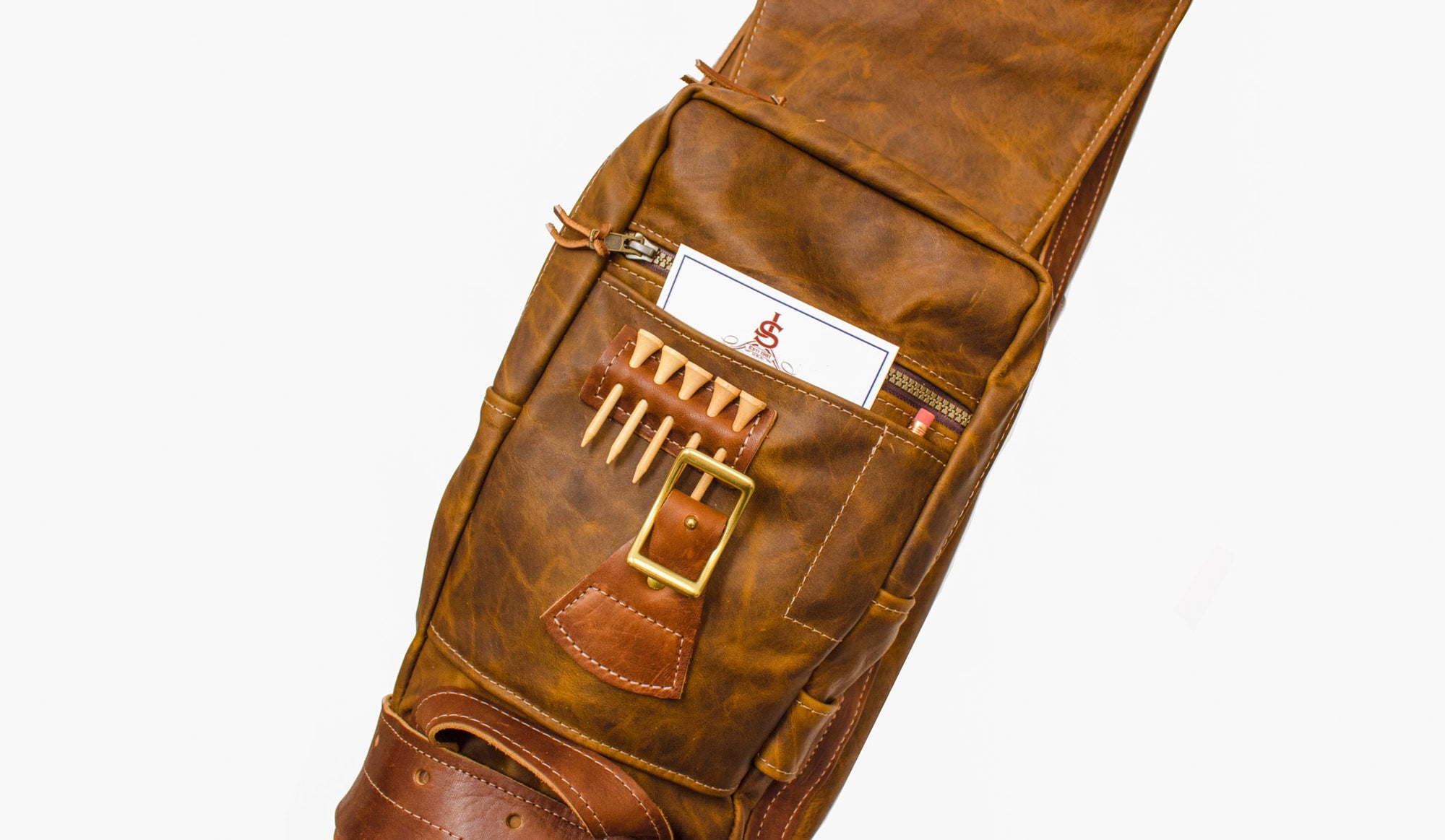 Caramel Bison and Chestnut Leather Sunday Style Golf Bag Ball Pocket- Steurer & Jacoby