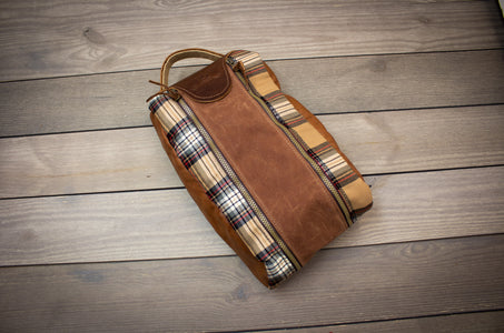 Stewart Camel Modern Tartan & Leather Shoe Bag- Steurer & Jacoby 